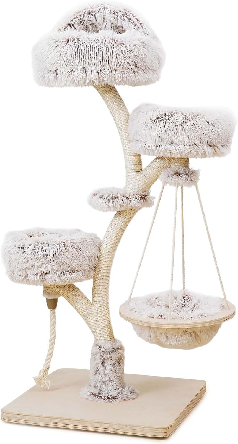 Fudajo Designer Kratzbaum in Zweigdesign 130 cm hoch, Katzenkratzbaum mit Plüsch und Sisal, Kletterbaum für Katzen, Katzenbaum mit Hängeliege