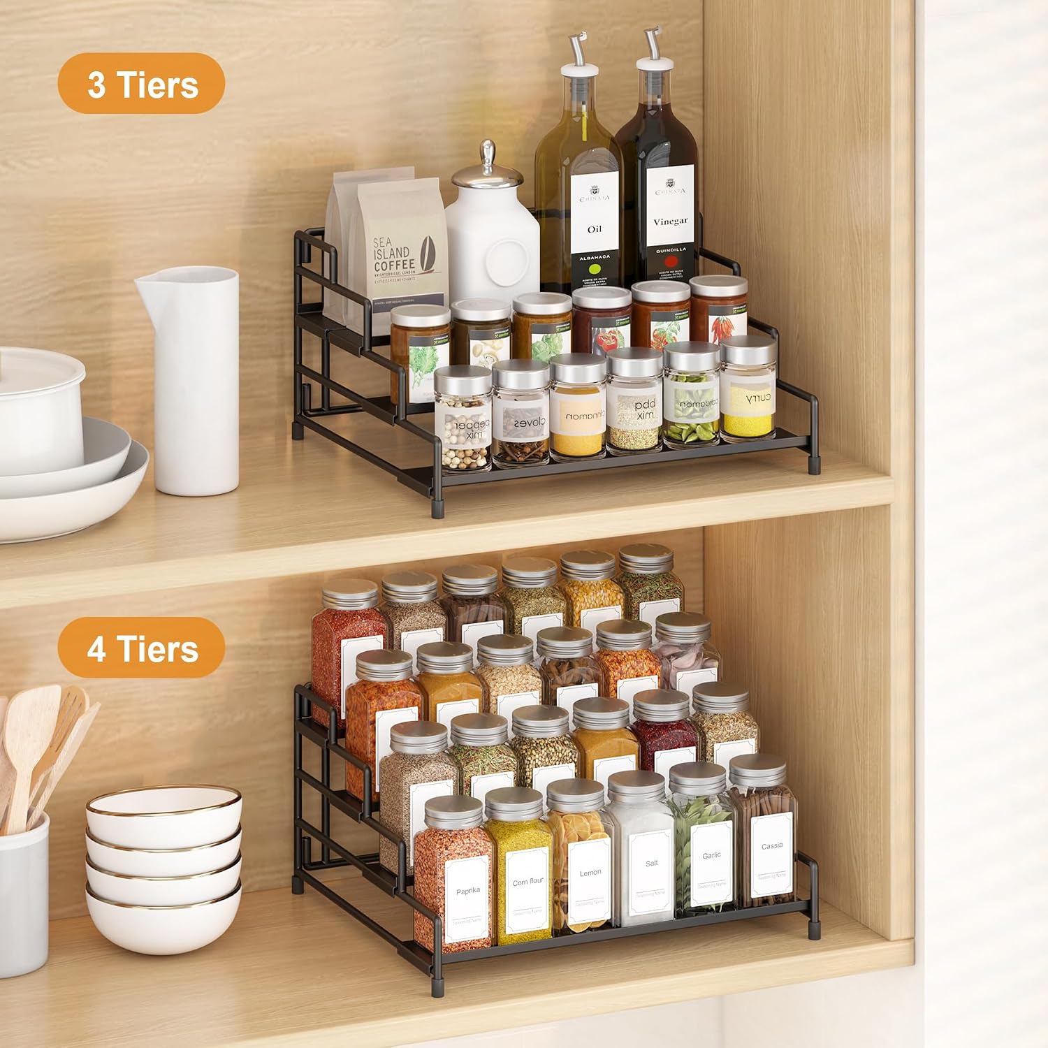 RUILALIFE 4-Tier Spice Rack Organizer for Cabinet, Adjustable Depth Spice Holder Shelf for Countertop Pantry Cupboard, Metal Tiered Seasoning Organizer, Display Shelf Riser (Black-1 Pack)