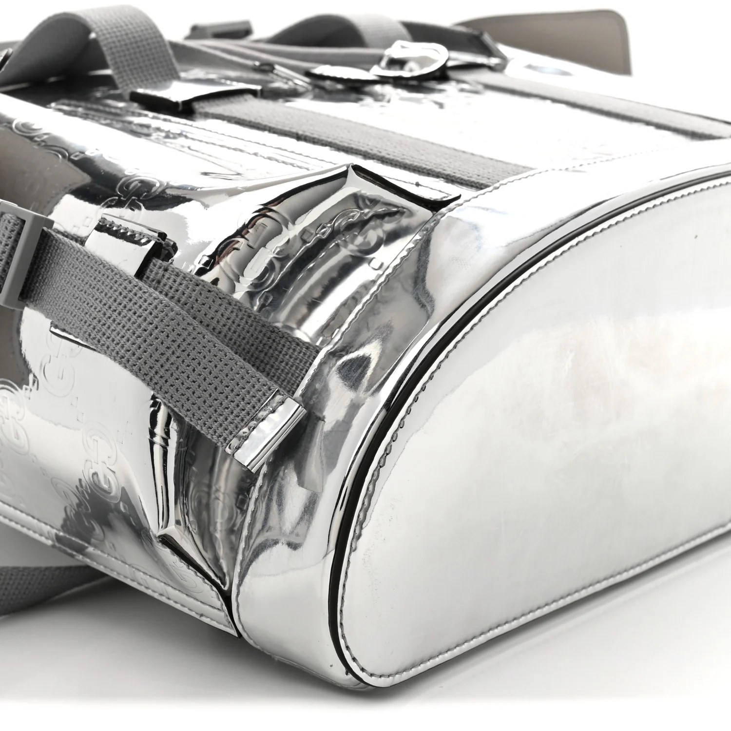 Mirror Effect GG Monogram Appia Calfskin Web Double Buckle Backpack Silver