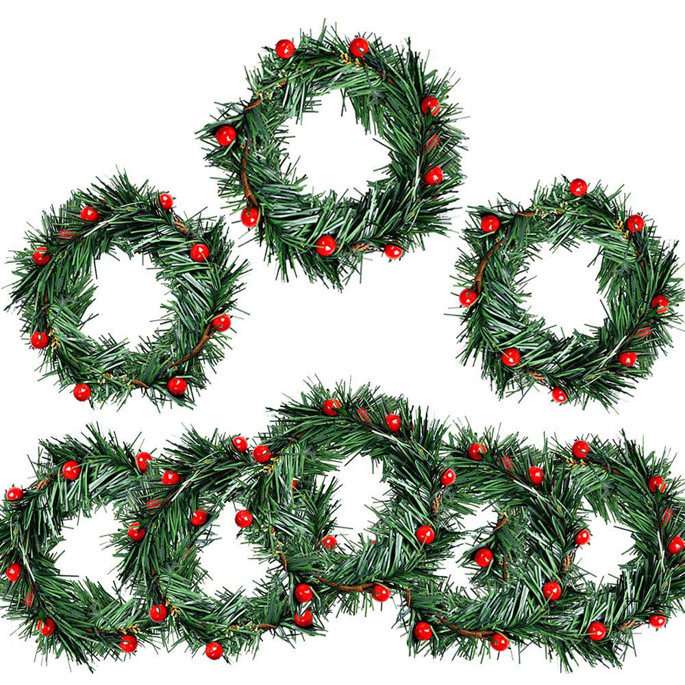8 Pcs Holly Berry Candle Ring Small Artificial Red Berries Pine Needles Wreath for Christmas Garland Ornaments Decor by Baryuefull