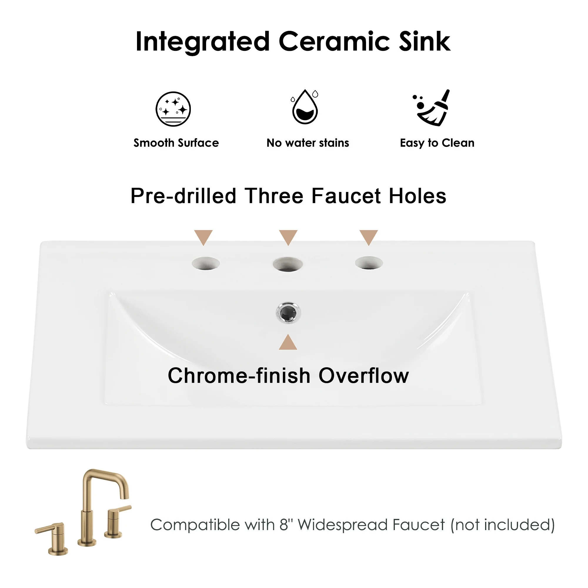 24" Bathroom Vanity with Ceramic Sink, Solid Wood Bathroom Makeup Cabinet with Door, Adjustable Shelf and 2 Drawer, Free Standing Single Basin Vanity Set for Small Bathroom, White(White) - Image 4