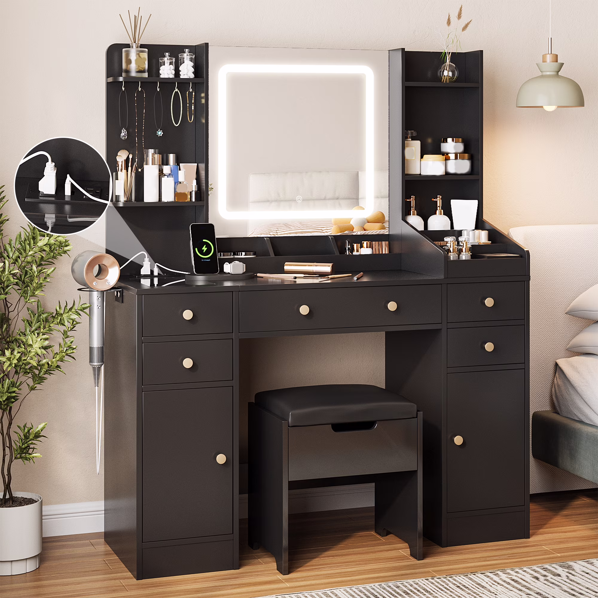 Vanity Set with Mirror and Lights, Makeup Table with Charging Station,5 Drawers Storage Shelves, White(white) - Image 3