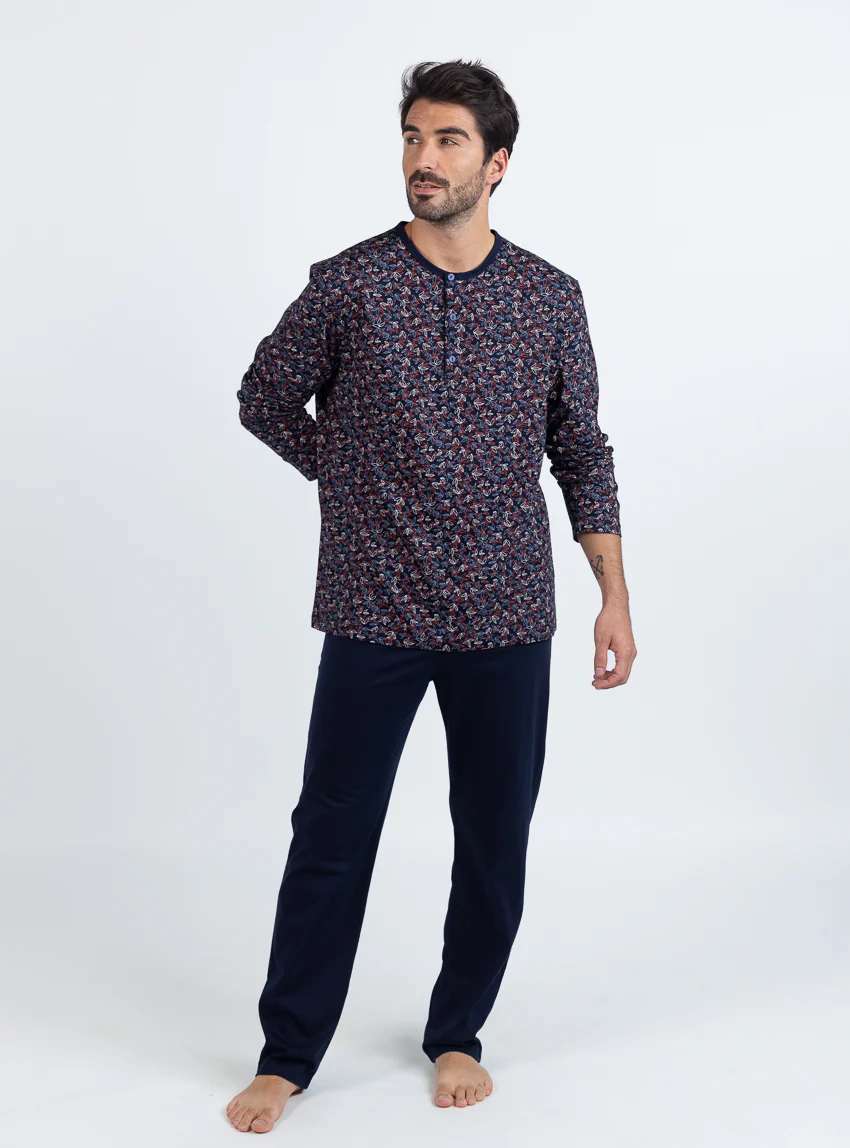 Pyjama homme en coton  imprimé feuilles rouges