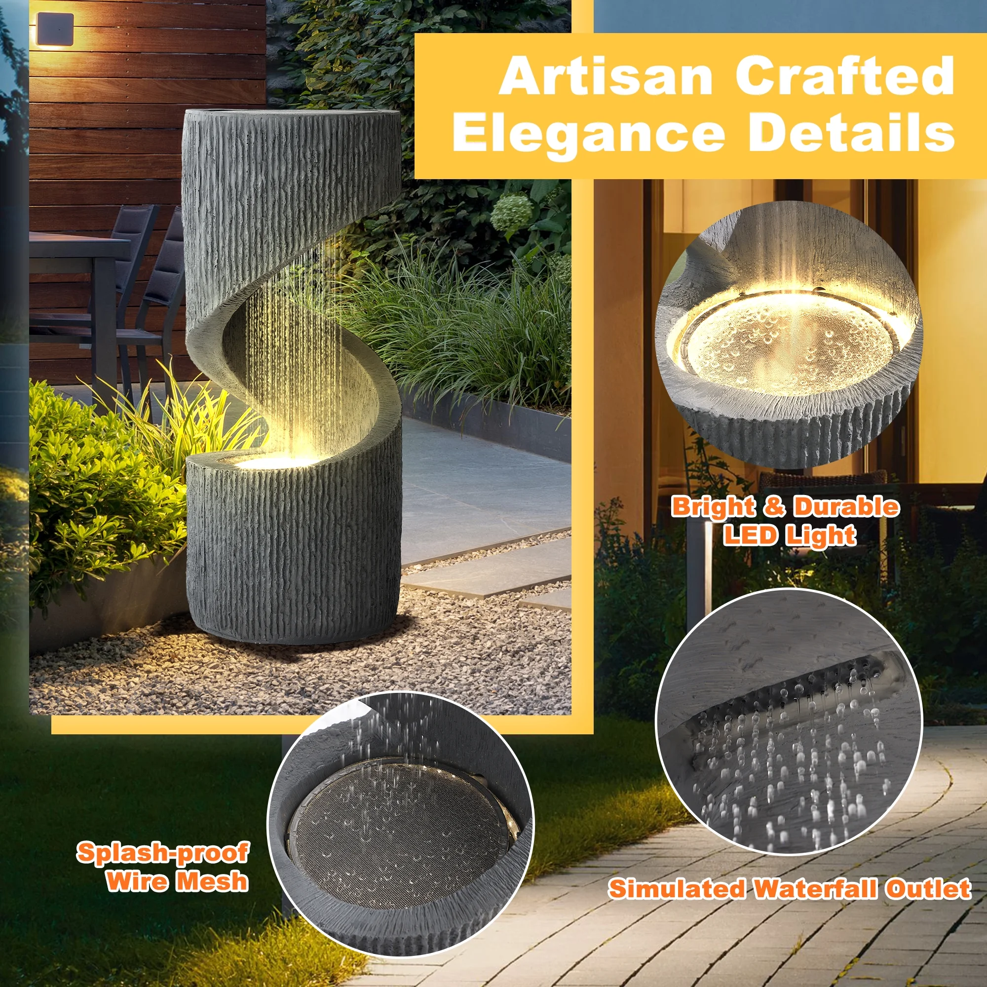 Outdoor S-Shaped Water Fountain, Spiral Waterfall Indoor Fountain Outside Garden Decor with LED Lights Pump, Curved Patio Resin Fountains for Yard, Deck, Porch and Home Decorations - Image 5