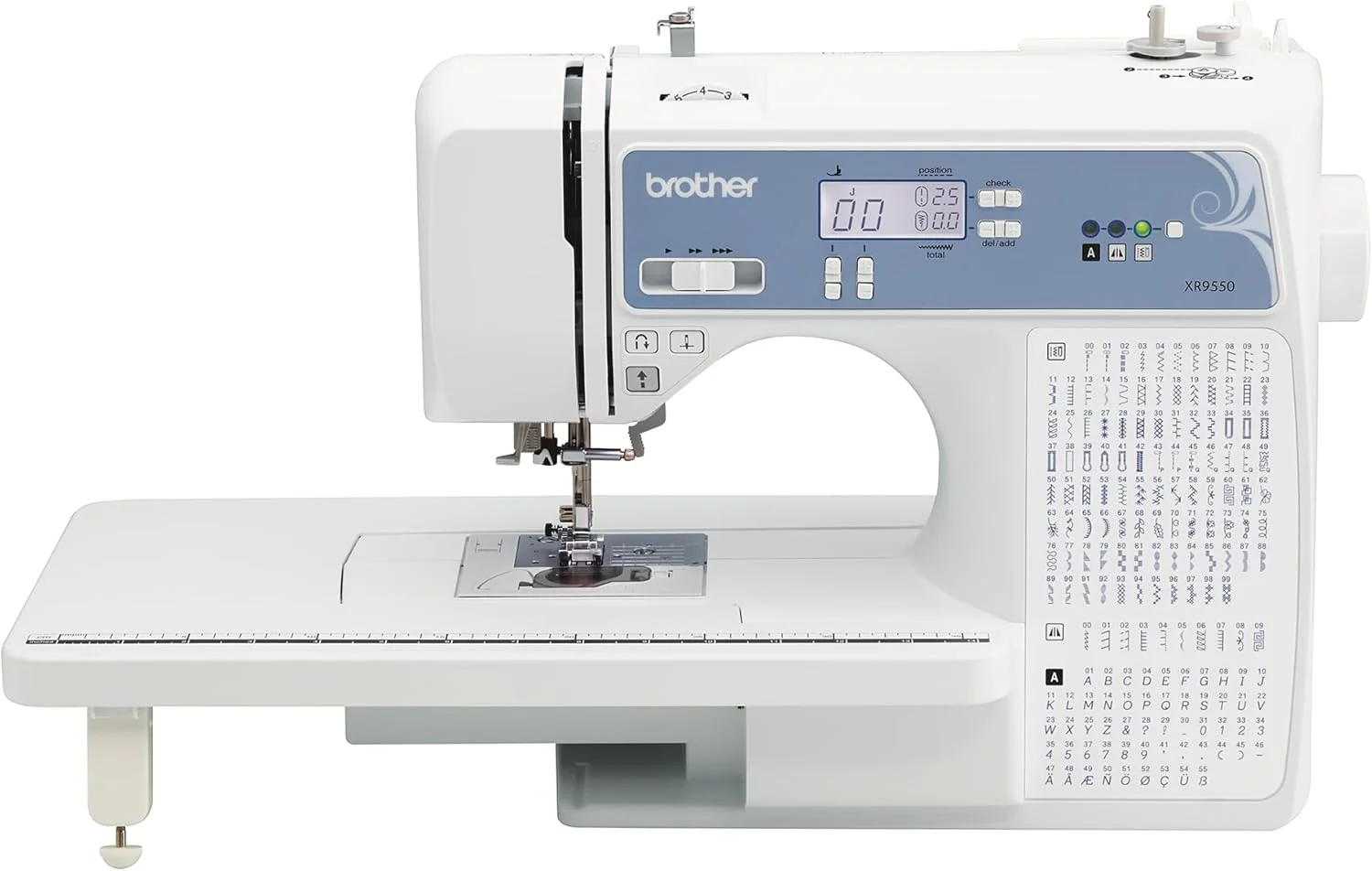 Machine à coudre et à quilter Brother, informatisée, 165 points intégrés, écran LCD, table large, 8 pieds-de-biche inclus, blanche, 51 x 30 x 43 cm