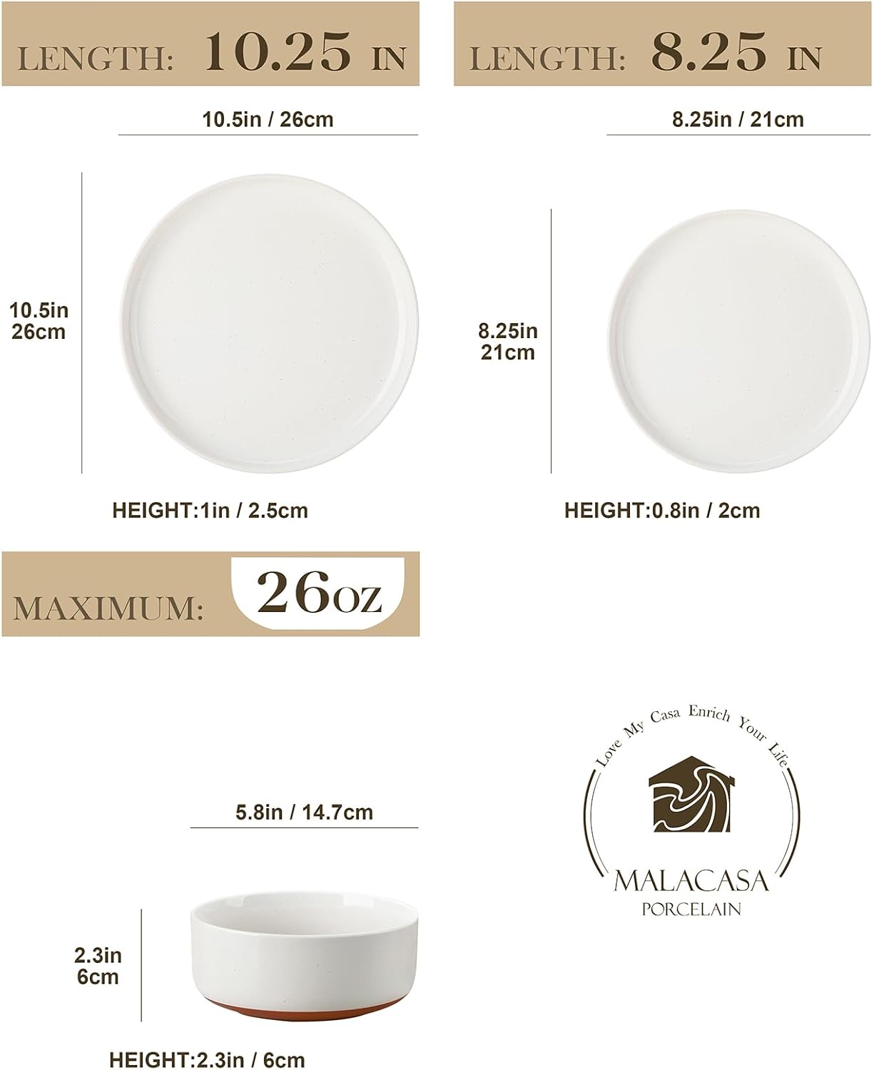 MALACASA Plates and Bowls Sets, 24 Pieces Modern Ceramic Dinnerware Set for 8, Kitchen Stoneware Dishes, Microwave and Dishwasher Safe, White, Series TARA