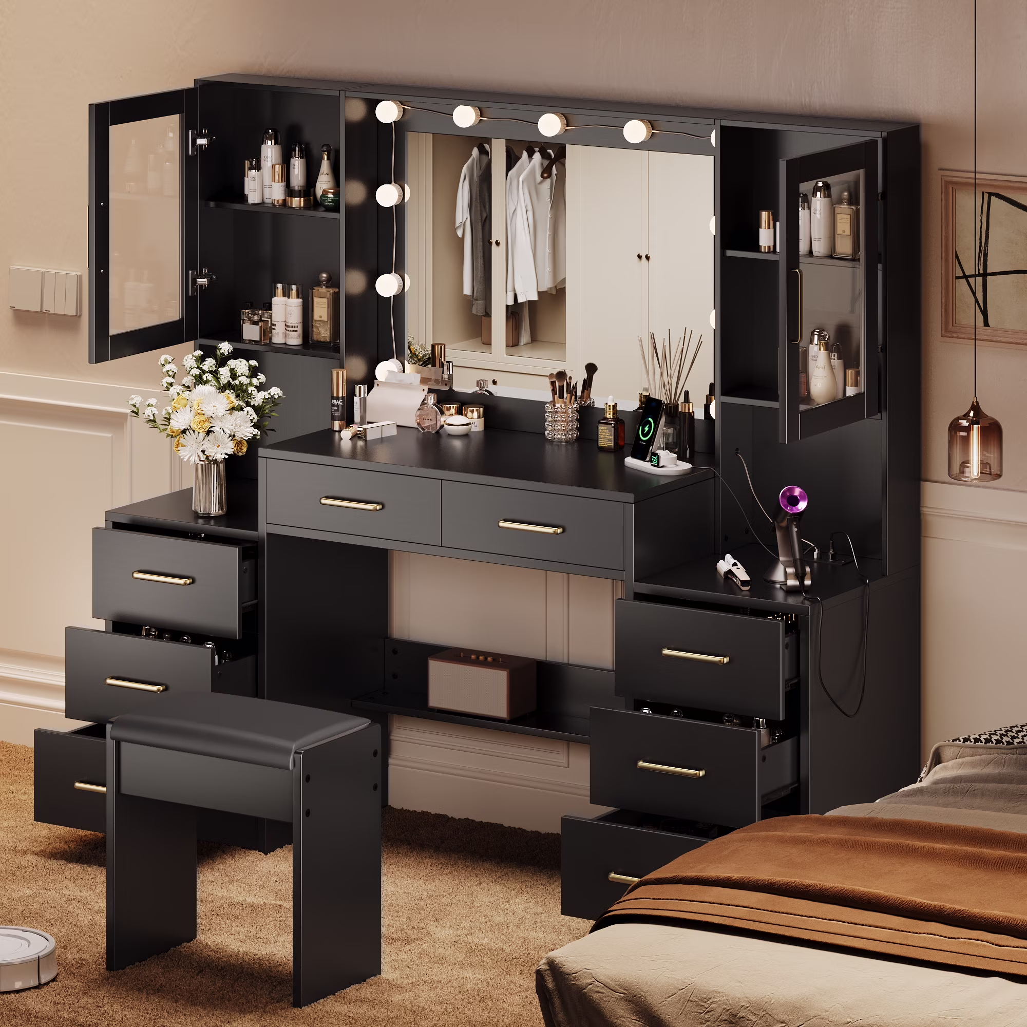 58.3" White Vanity Desk with Mirror, Adjustable Lighting, Power Outlet, Drawers, with Stool(58.3 Inch White) - Image 9
