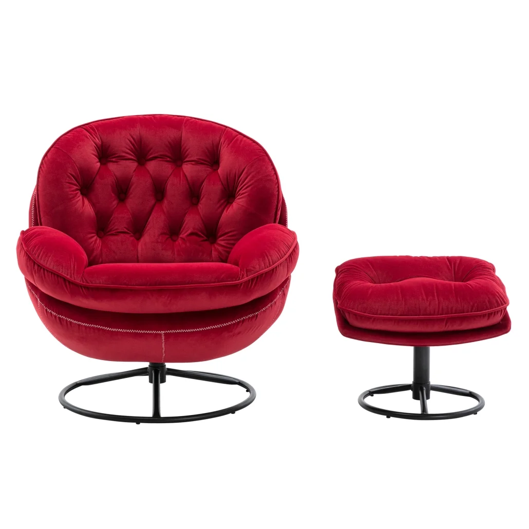 Swivel Accent Chair with Ottoman, Velvet Single Sofa Reading Chair with Metal Frame, Modern Tufted Armchair Comfy Lounge Chairs with Footrest for Living Room, Bedroom, Office, Red(Red) - Image 7