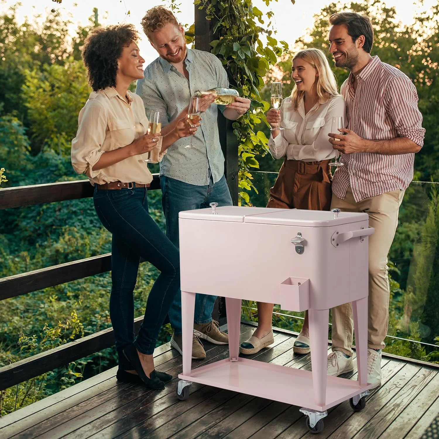 80 Quart Rolling Ice Chest, Portable Bar Drink Cooler with Catch Basin, Bottom Storage Tray and Bottle Opener for Patio Party BBQ Beach Activities(Pink) - Image 10