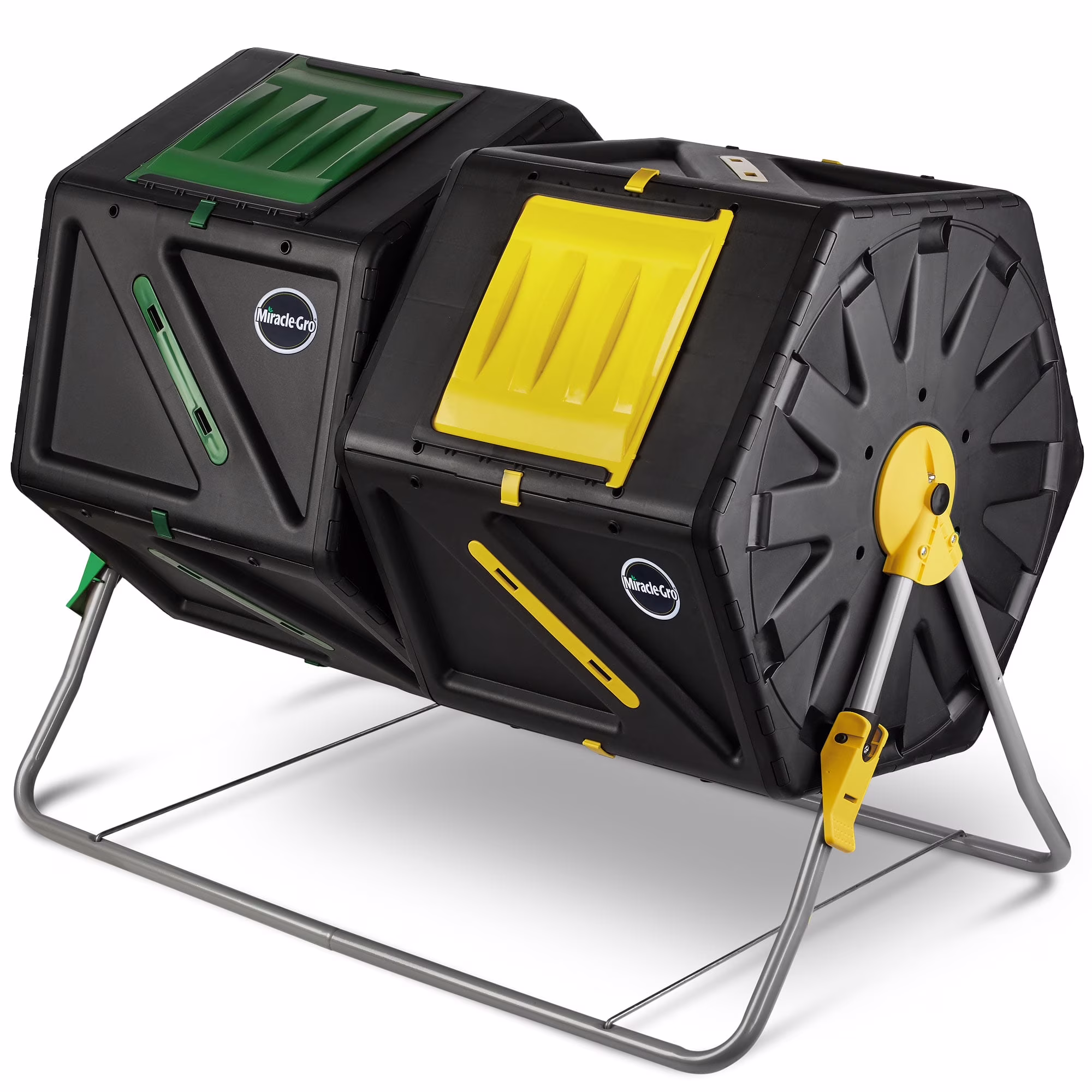 Miracle-Gro Large Dual Chamber Compost Tumbler Easy-Turn, Fast-Working System - All-Season, Heavy-Duty, High Volume Composter with 2 Sliding Doors - Gardening Gloves Included