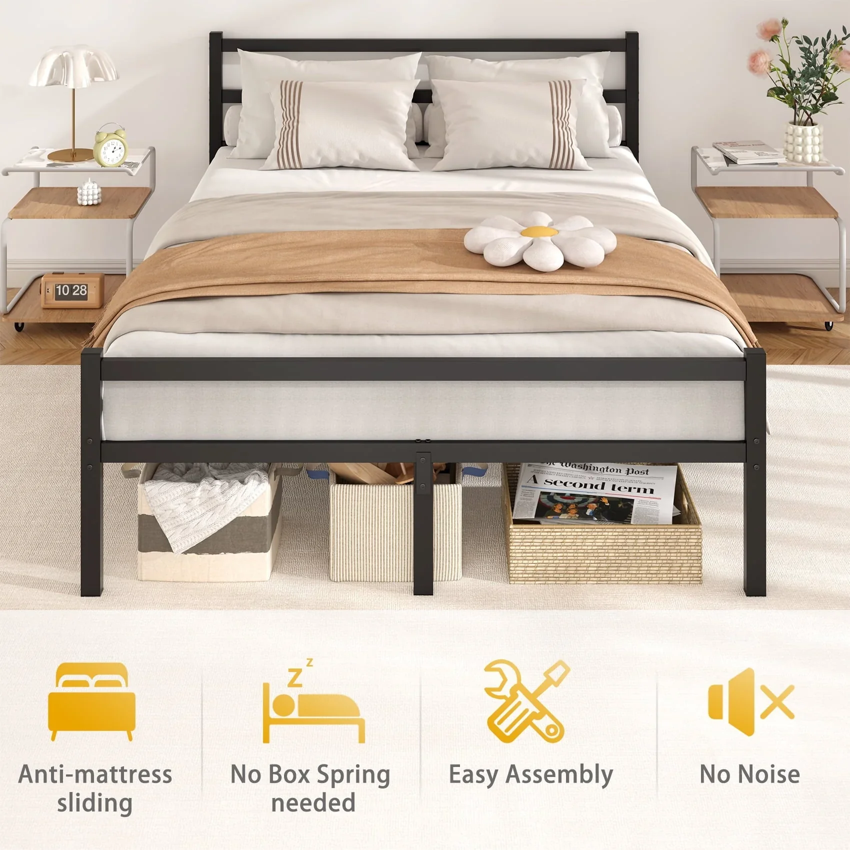 Mr IRONSTONE Heavy Duty Queen Size Metal Platform Bed Frame with Headboard and Footboard 14 High Under Bed Storage Space, No Box Spring Needed, Black