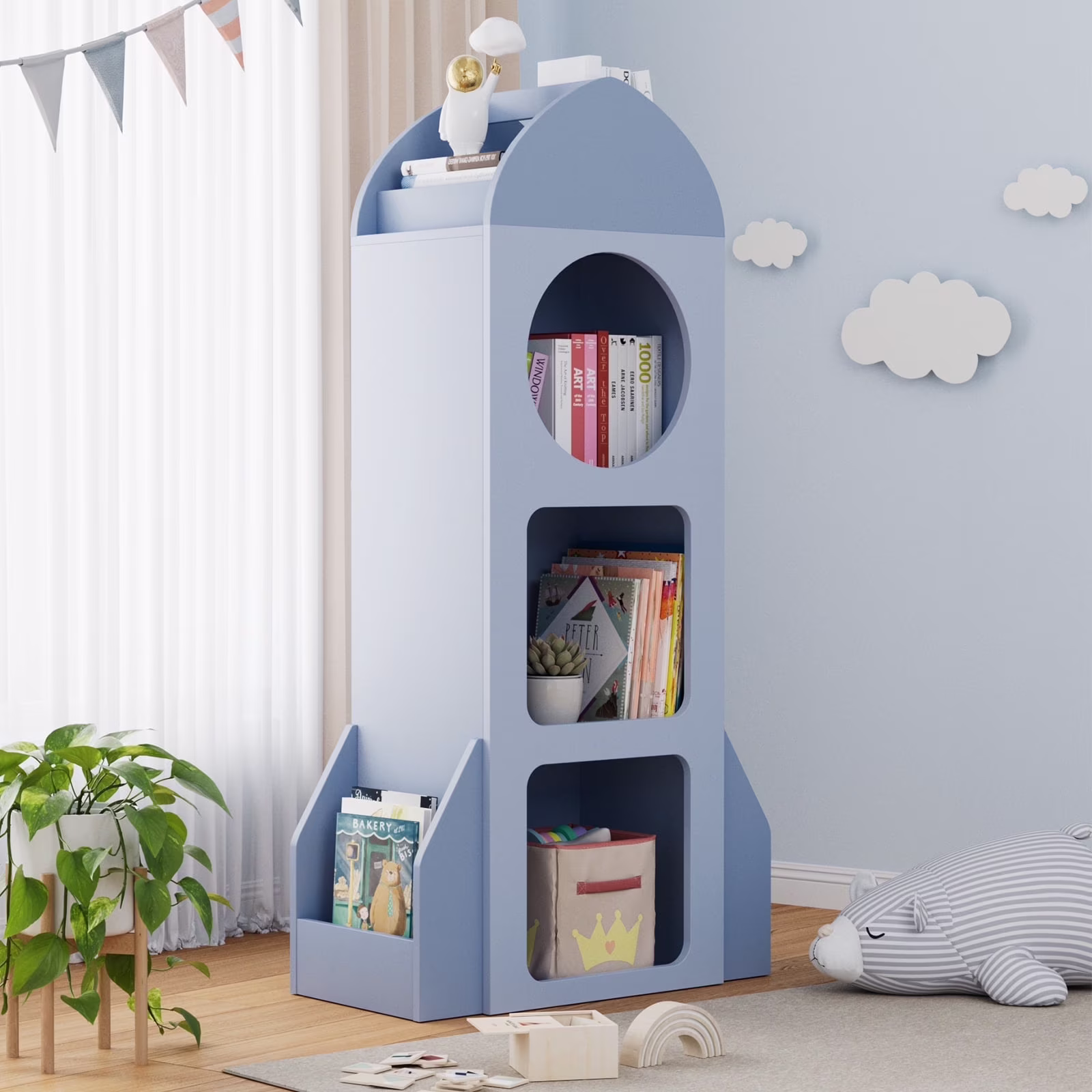 Kids Bookshelf 3-Tier Wooden Kids Bookcase with Toy Storage for Bedroom, Playroom, Nursery, Blue(Blue)