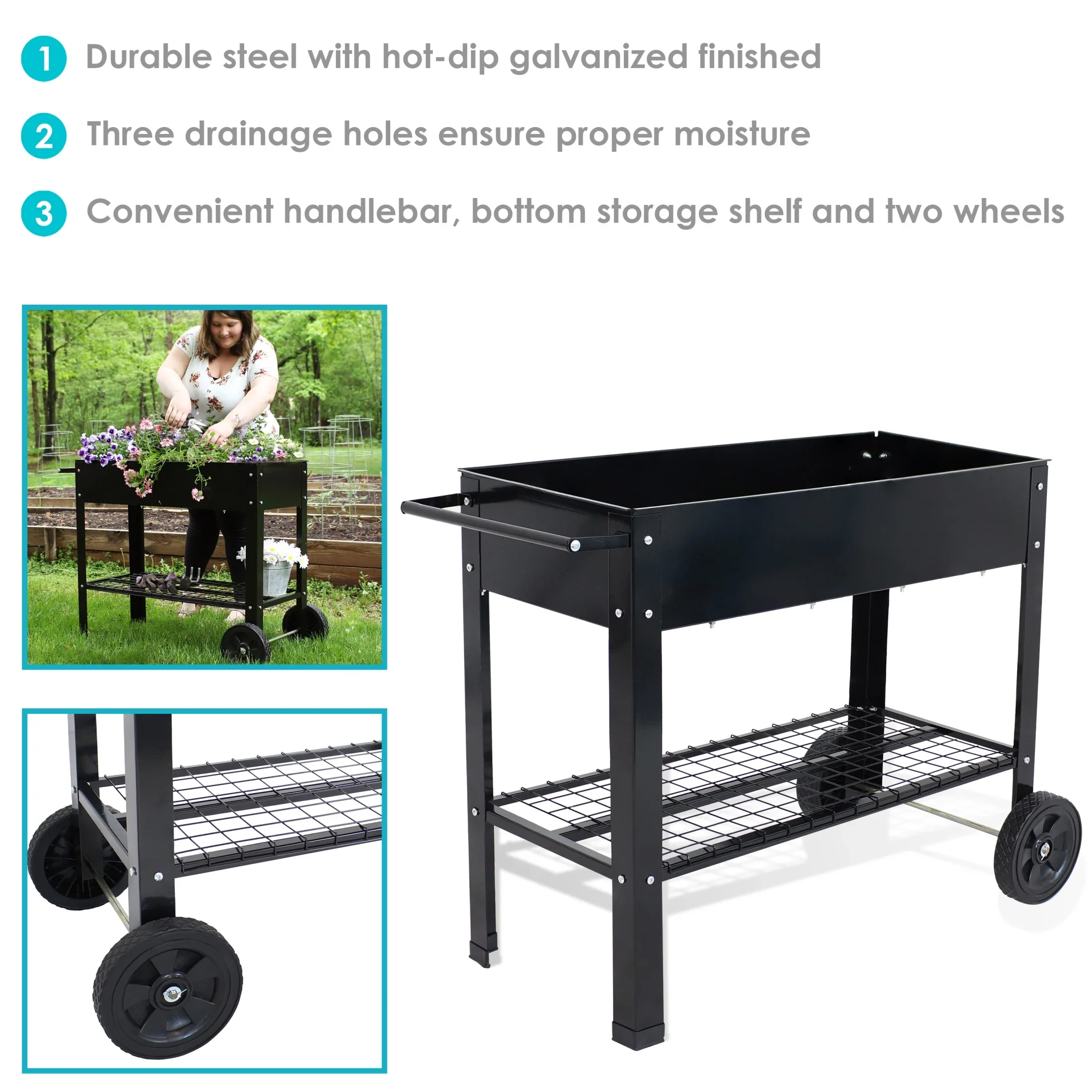 Sunnydaze 43.5 x 20.75 x 31.75 Blue Galvanized Steel Raised Garden Bed Cart with Wheels