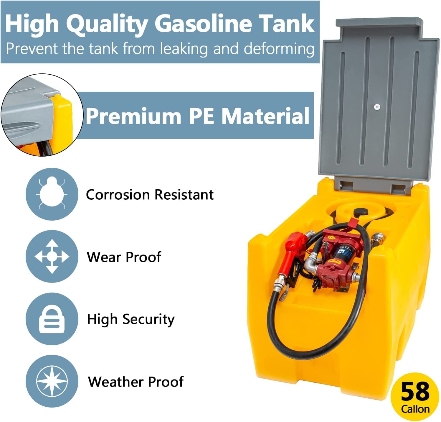 Réservoir d'essence TECSPACE de 58 gallons, réservoir de carburant portable avec pompe de transfert de carburant électrique 12 V, réservoir de carburant à essence de 40 GPM avec tuyau de 4 mètres pour le transport d'essence (jaune, 58 gal)