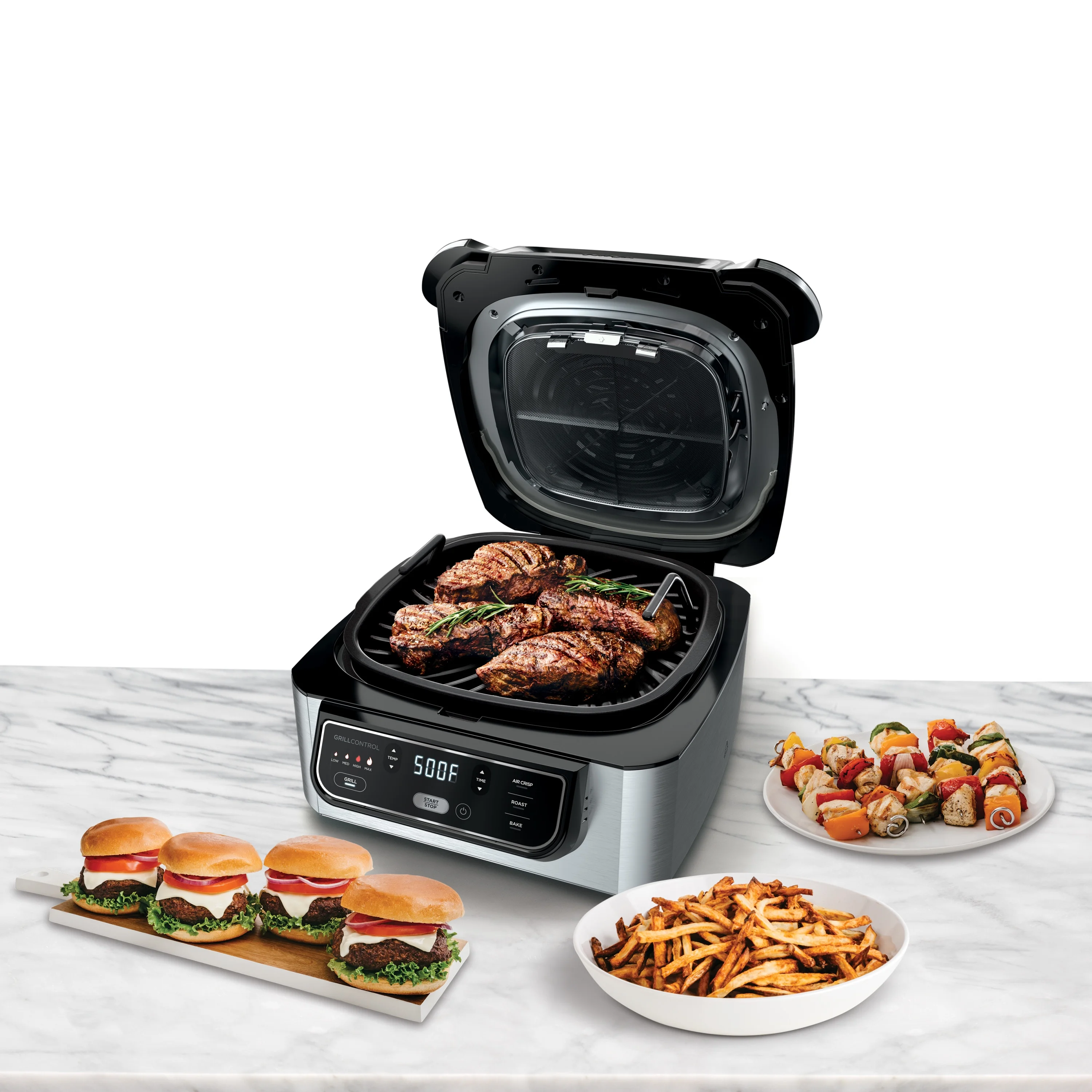 Foodi 4 in 1 Indoor Grill with 4 Qt Air Fryer, Roast, Bake, Cyclonic Grilling Technology, Black/Stainless Image 3