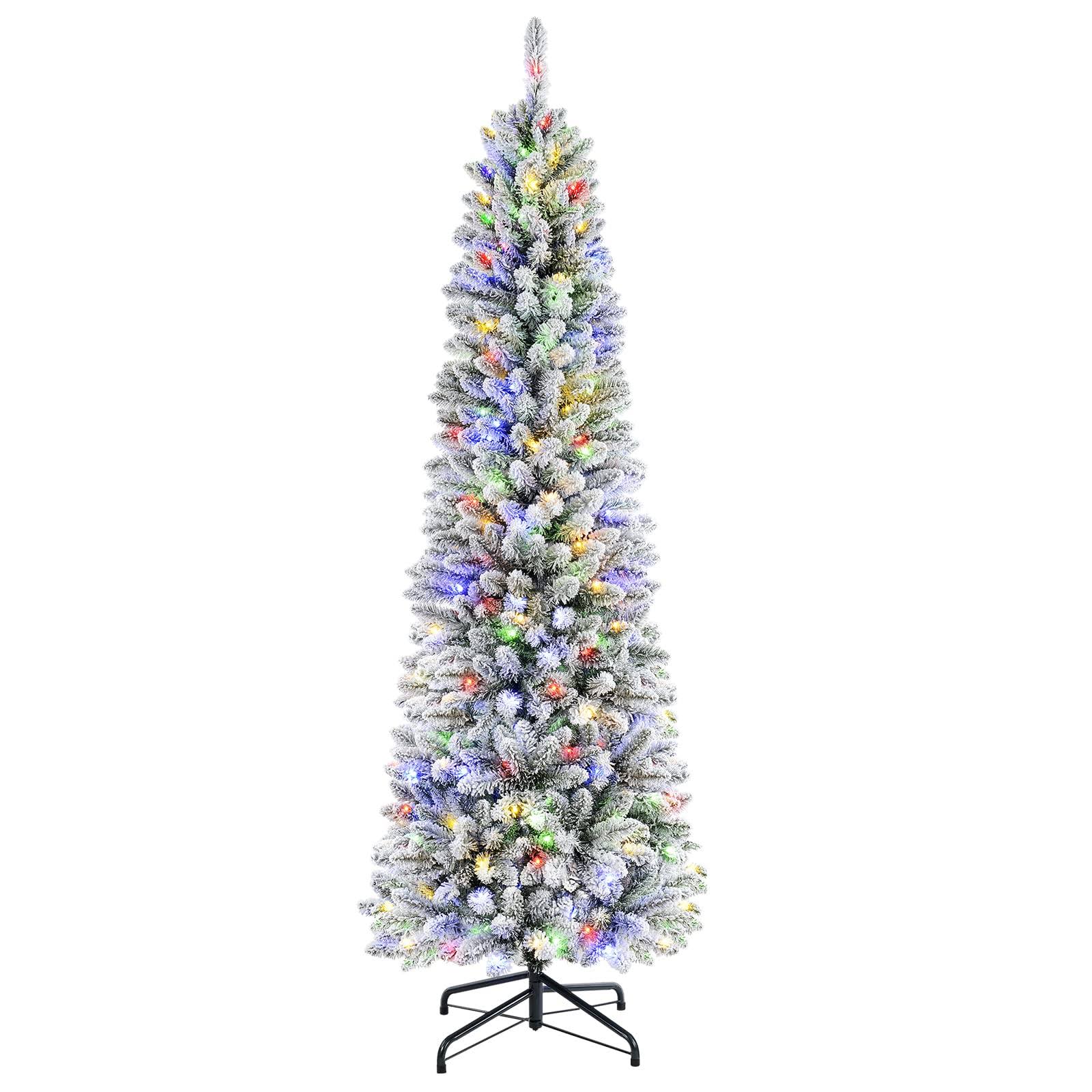 Shareconn 6ft Prelit Artificial Snow Flocked Pencil Christmas Tree with Remote & Timer, Premium Hinged Slim Tree with 240 Warm White & Multi-Color