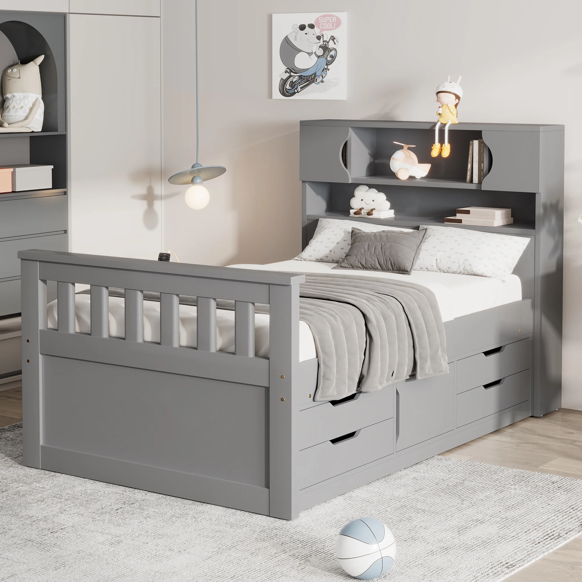 Wood Twin Size Platform Bed with Storage Headboard, Captain Bed with 4 Drawers, Bookcase and Cabinets, Gray(Gray) - Image 4
