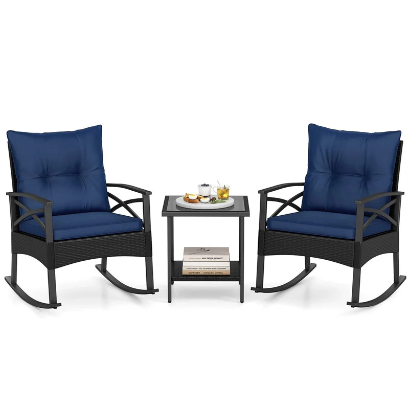 3 Piece Rattan Patio Rocking Bistro Set, Outdoor Wicker Rockers with Cushions & 2-Tier Tempered Glass Coffee Table for Porch, Balcony, Backyard