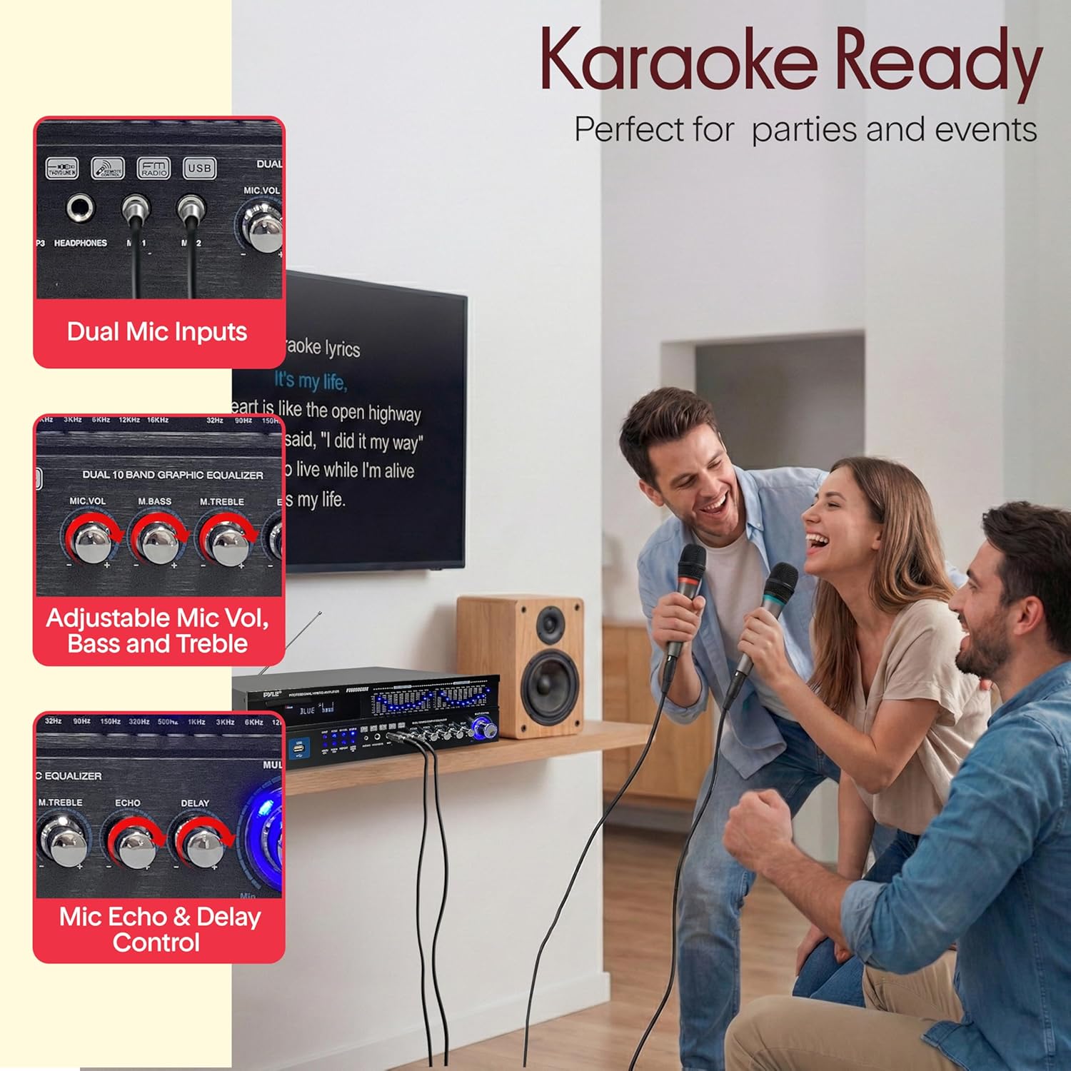 Pyle Bluetooth Hybrid Home Amplifier - 6-Channel 2000W Rack Mount Power Amplifier Receiver w/ Radio - Dual 10 Band EQ  Karaoke Microphone x2  USB  RCA  COAX  OPT  DVD Inputs  HiDef Input and Output