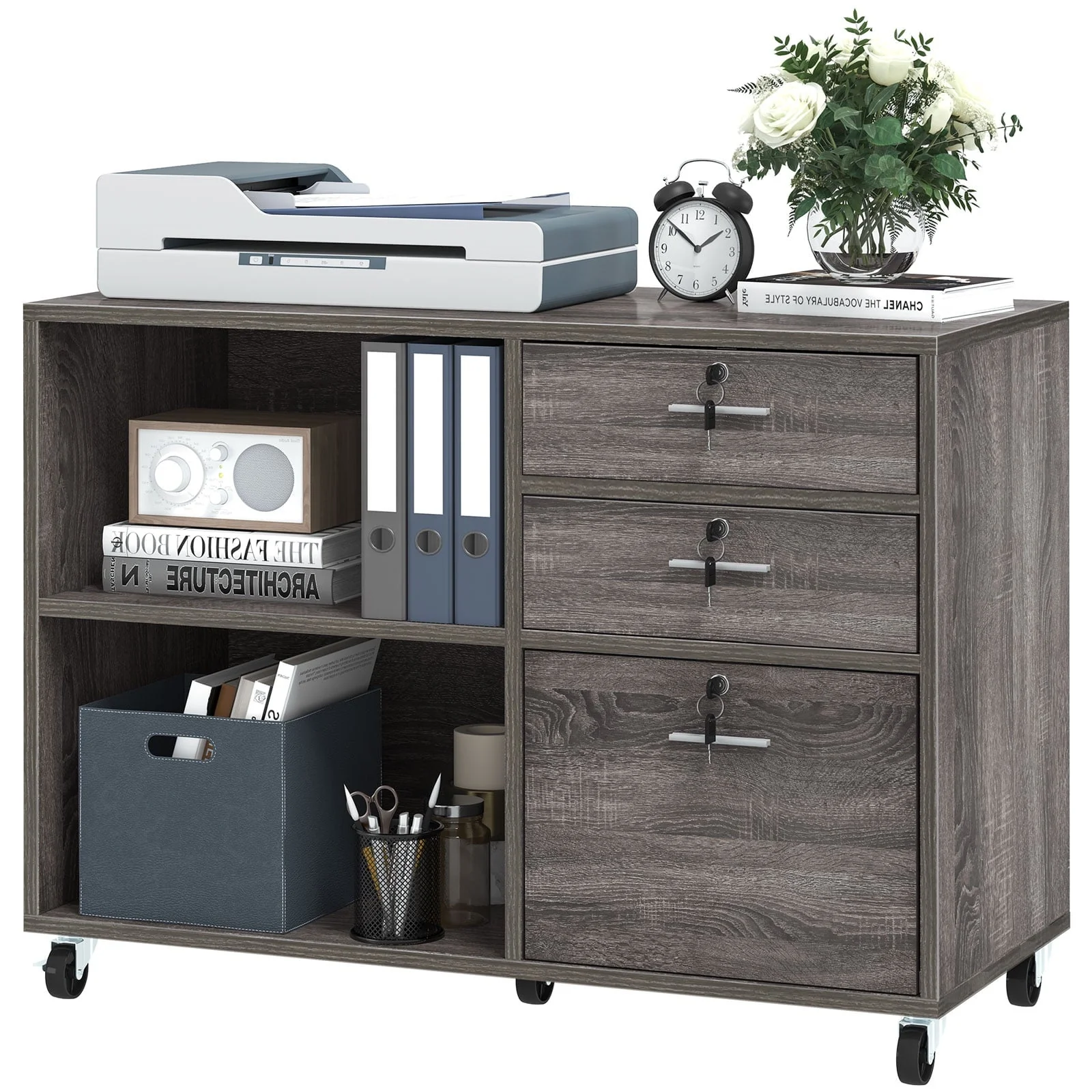 3 Drawer Wood Lateral Filing Cabinet with Locks, Printer Stand Storage File Cabinet with Shelves for Home Office, White(Black) Image 8