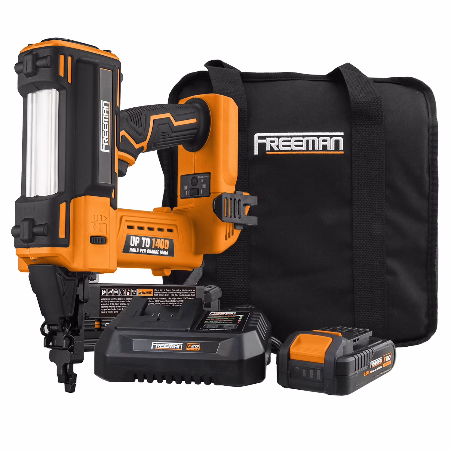 Freeman PE20V2118G2 20 Volt Cordless 2-in-1 18-Gauge Nailer / Stapler Kit with Lithium Ion Battery, Charger, Bag, and Fasteners (400 Count) �C 1400 Shots per Charge
