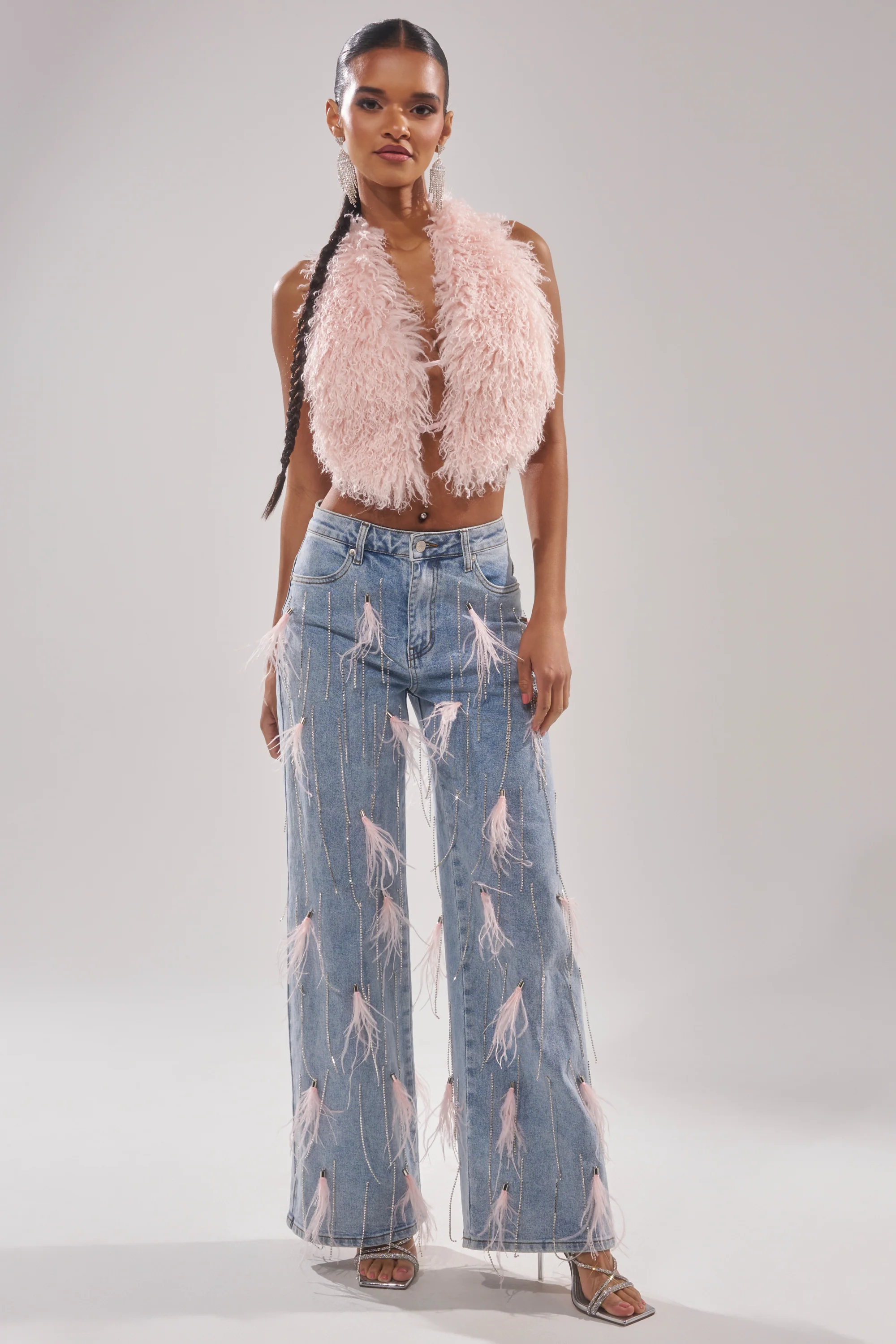 SHAKE IT FOR ME GIRL PINK FEATHER EMBELLISHED DENIM - Akira Store