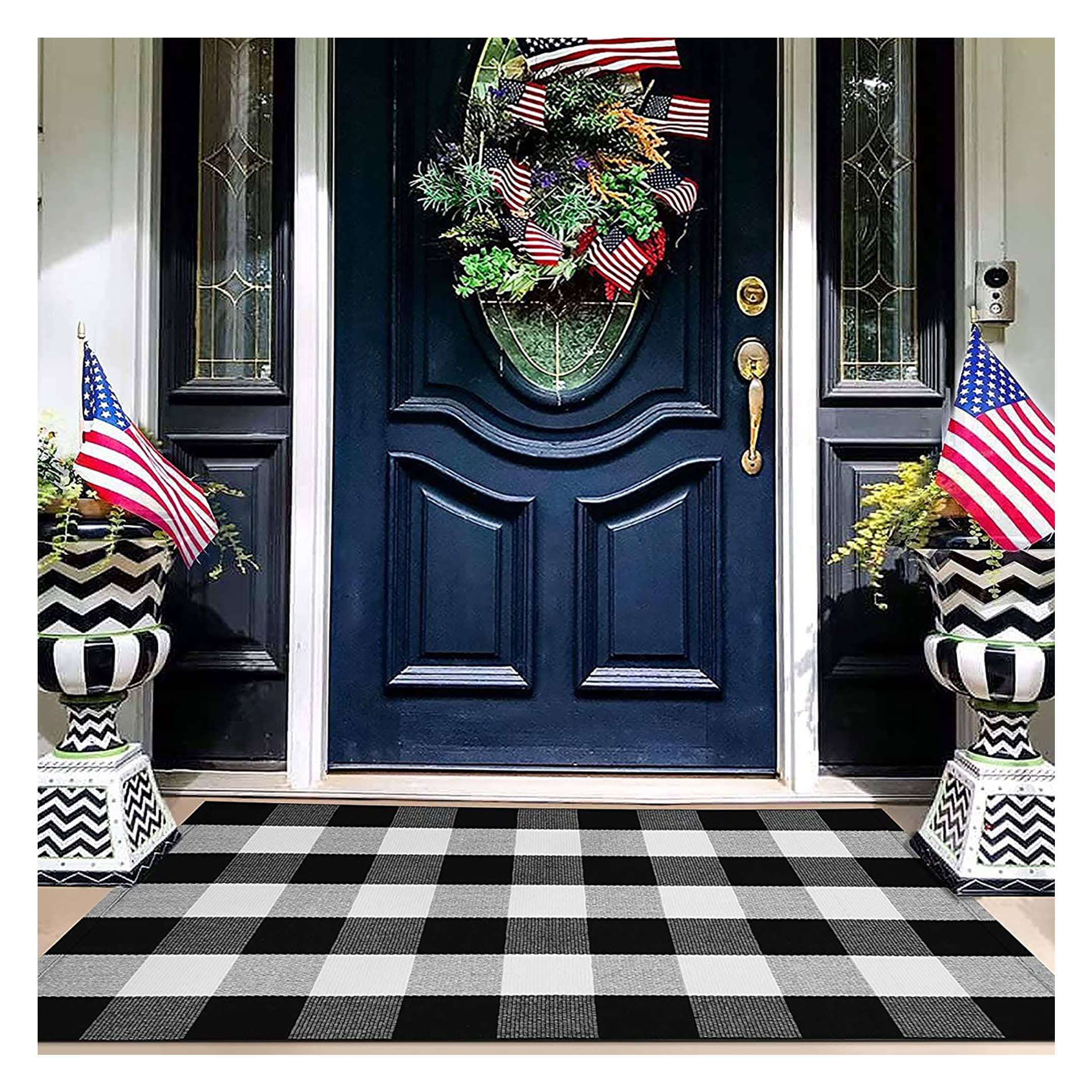 EARTHALL Buffalo Plaid Outdoor Rug 27.5 x 43 Inches Cotton Hand-Woven Checkered Front Door Mat, Washable Outdoor Rugs for Layered Door Mats Porch