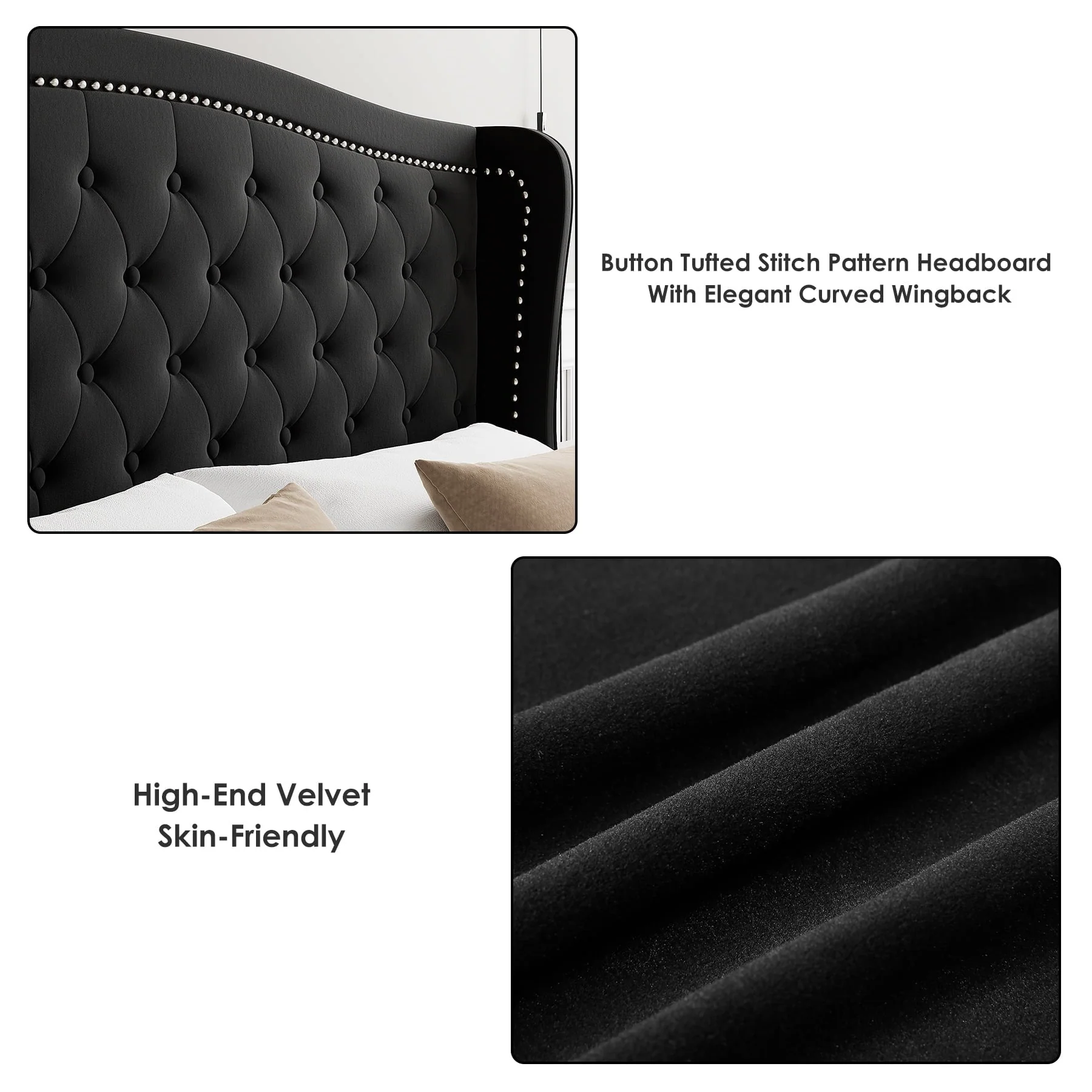Homfa Queen Bed Frame, Wing-Back Button Tufted Upholstered Headboard, Modern Platform Bed Frame with Wood Slat Support for Bedroom, Black(Full/Beige)