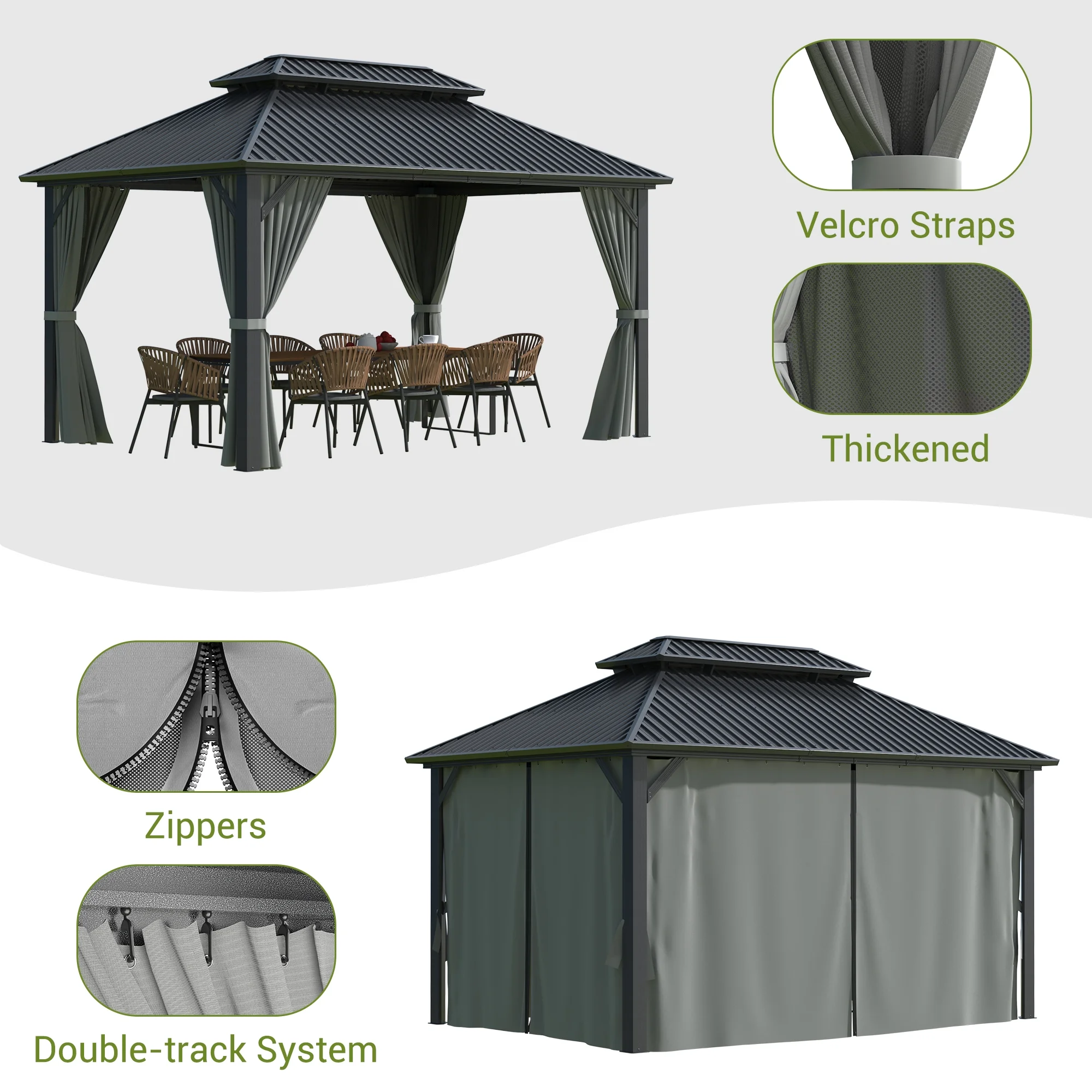 10'x12' Hardtop Gazebo with Aluminum Frame, Permanent Outdoor Pavilion Metal Gazebo with Galvanized Steel Double Roof Mosquito Netting and Curtains for Patios, Gardens, Lawns, Gray(10' x 12') - Image 8