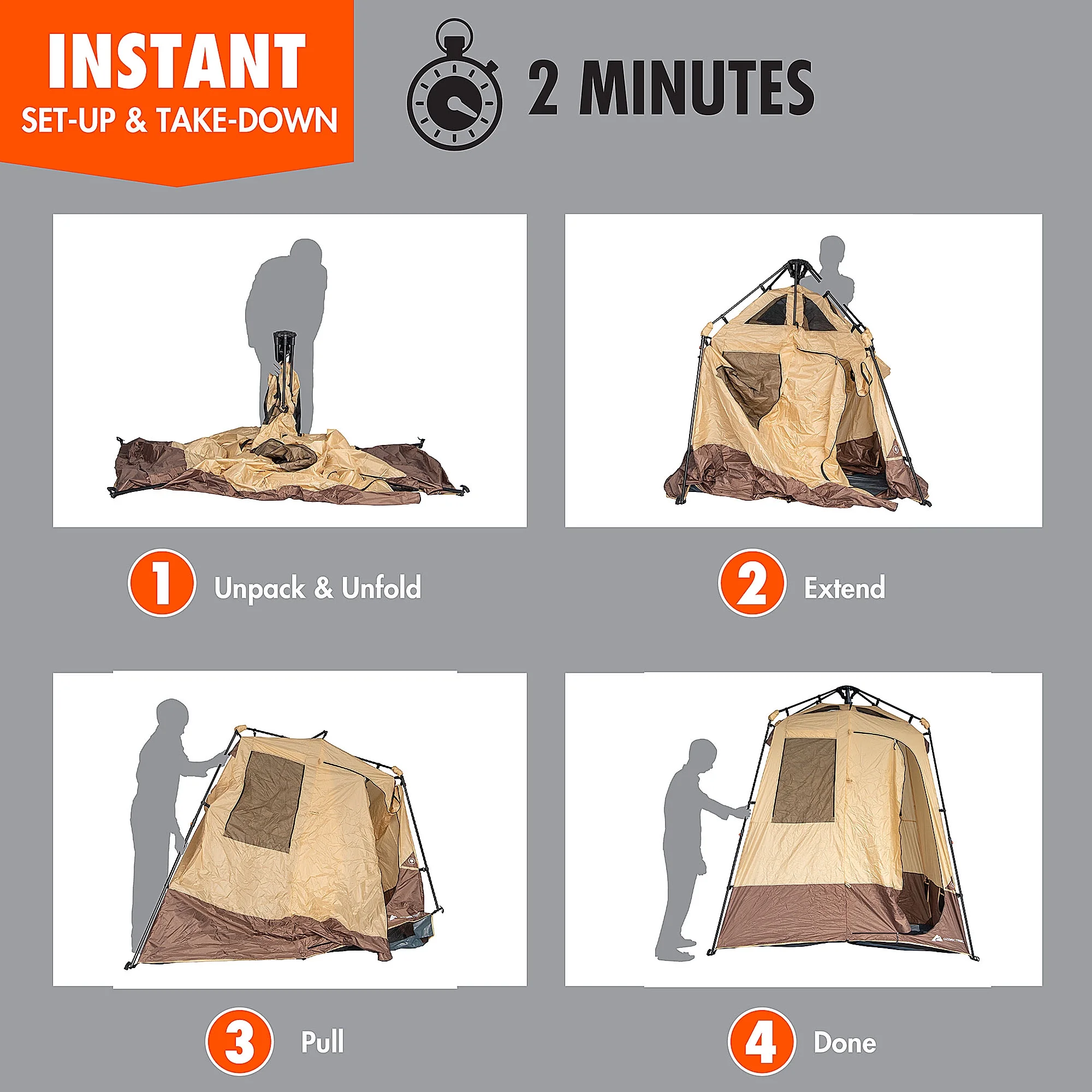 Ozark Trail 2 - Room Shower & Utility Tent Combo Includes 5 - Gallon Water Container, Easy Setup, Maximum Occupancy Is 2. Khaki Colour