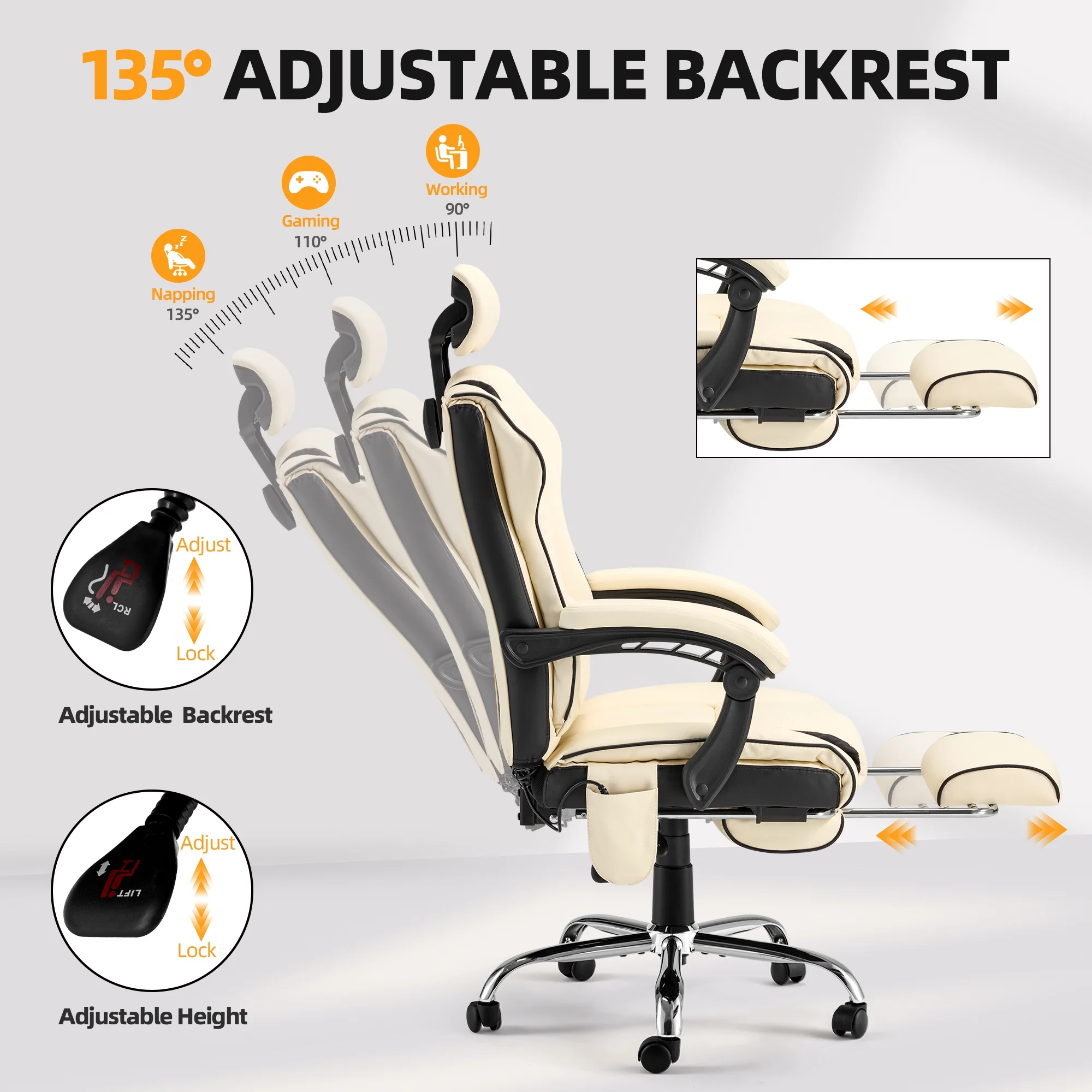 HOMREST 6 - Point Massage Office Chair with Footrest, Heated Executive Office Chair with Reclining Backrest, Ergonomic Gaming Chair with Padded Armrest, Off - White