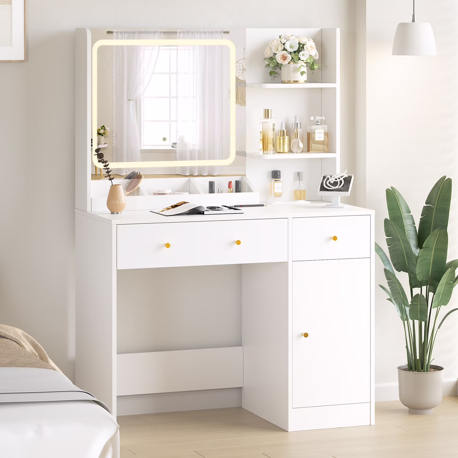 Vanity Table Stylish Aesthetic Durable with Sliding Mirror White(White-4) - Image 6