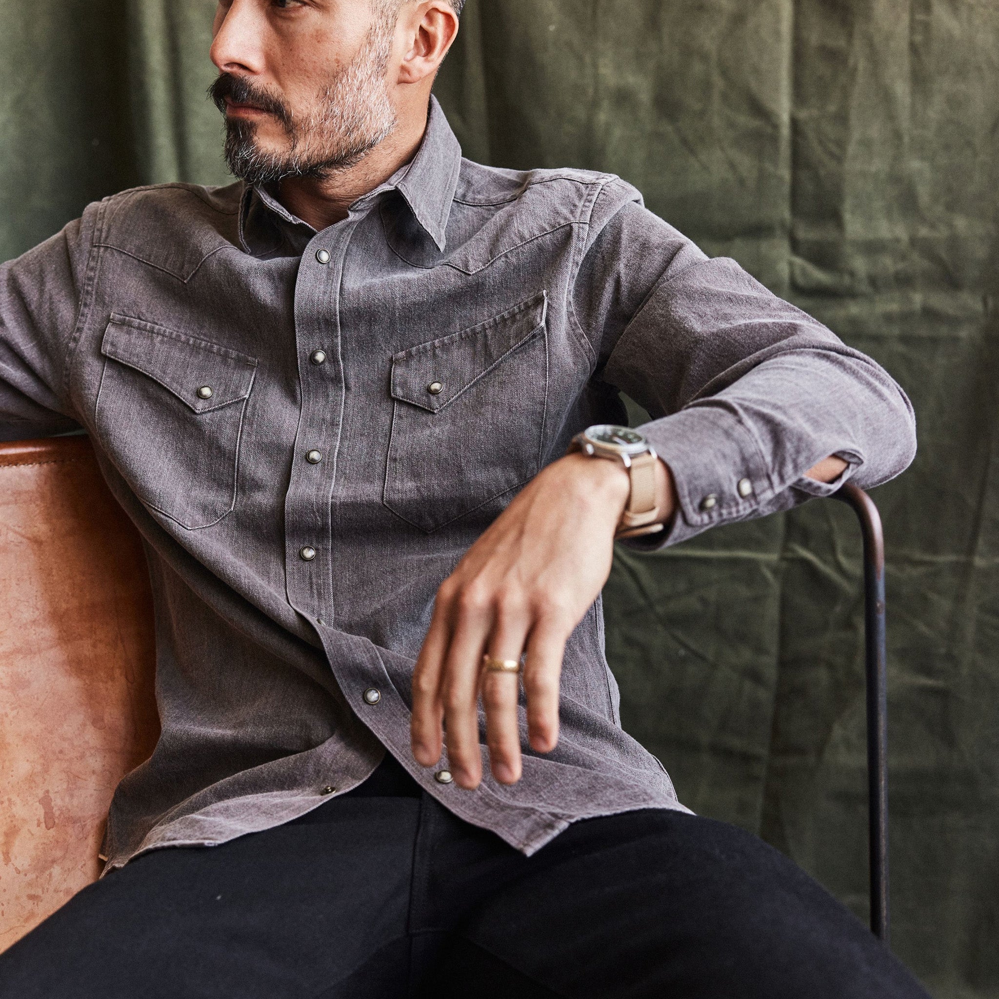 Chemise western en denim selvedge couleur terre