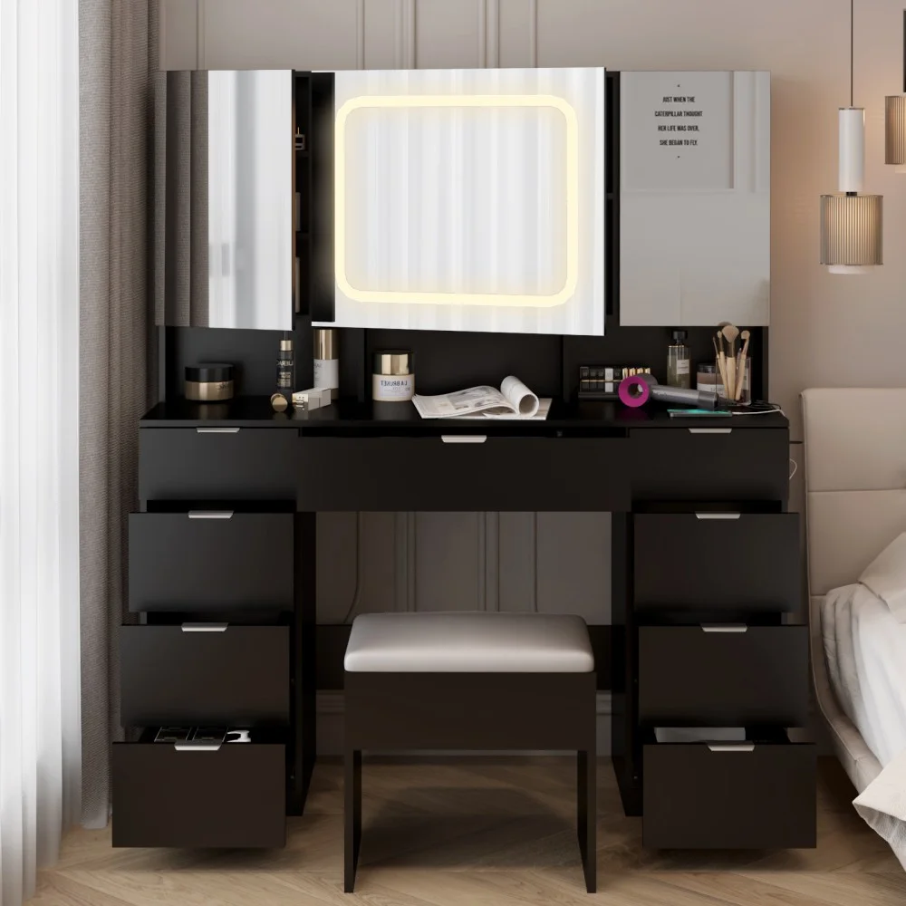 Vanity Desk Set with Large LED Lighted Mirror Power Outlet, Makeup Dressing Table with 9 Drawers and 3 Cabinets in Mirrored Doors, 47" Vanity Table with Cushioned Stool for Bedroom, Black(Black) - Image 6