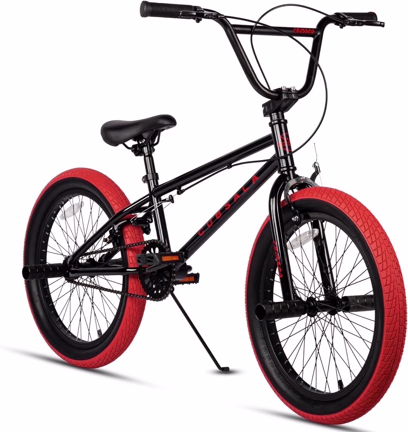 Cubsala 20 in Kids BMX Bike Freestylefor Age 6 - 14 Years Old Boys Girls with 4 Pegs, Black with Red Tires