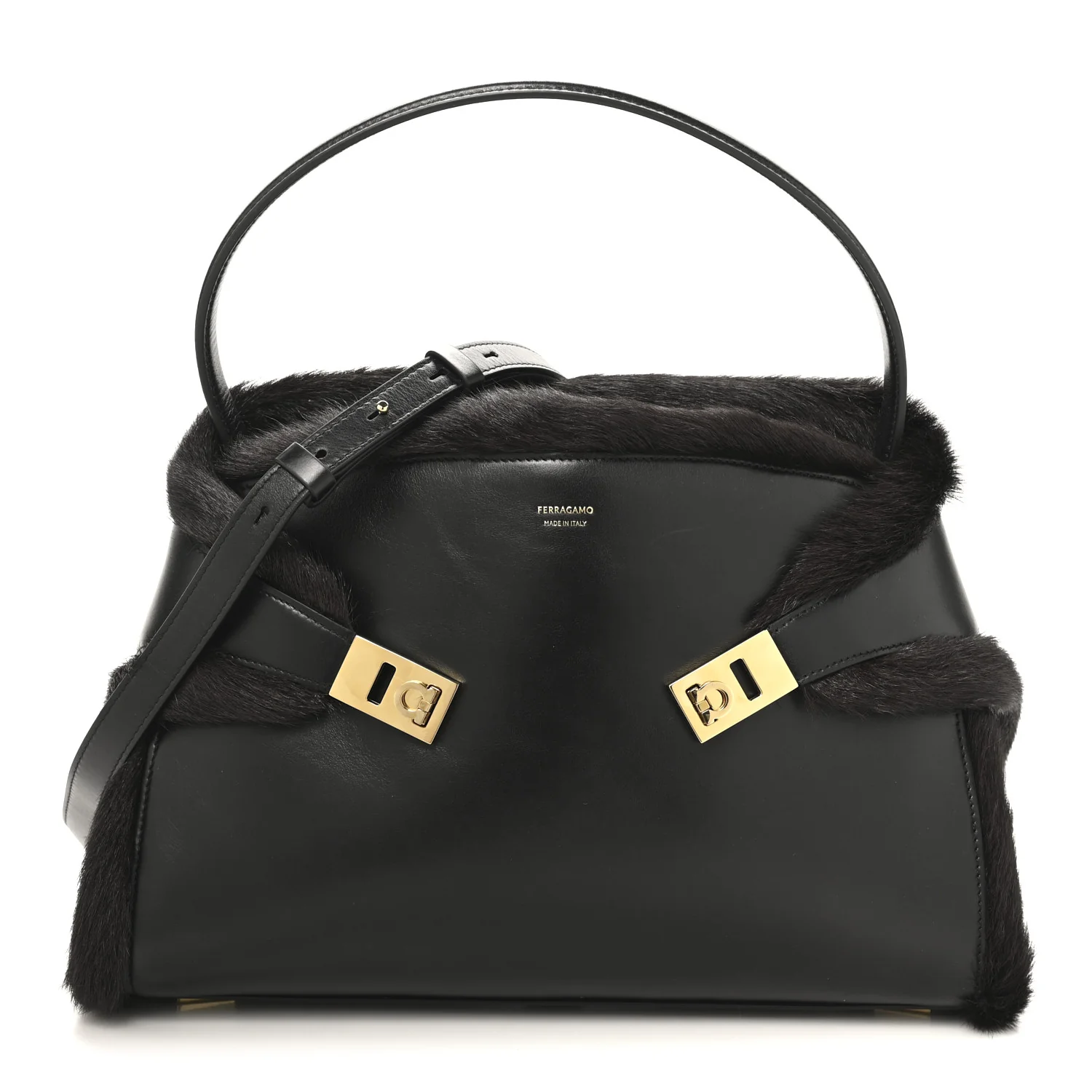 Calfskin Shearling Medium Hug Bag Black