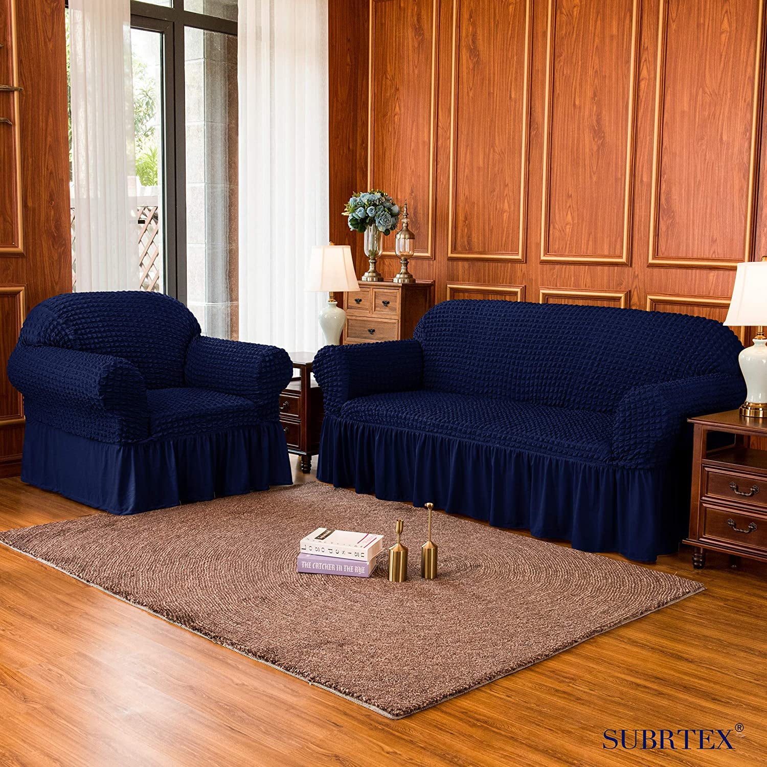 Subrtex 1 - Piece Seersucker Sofa Slipcover Skirt Stretch Couch Cover (Loveseat, Navy Blue)