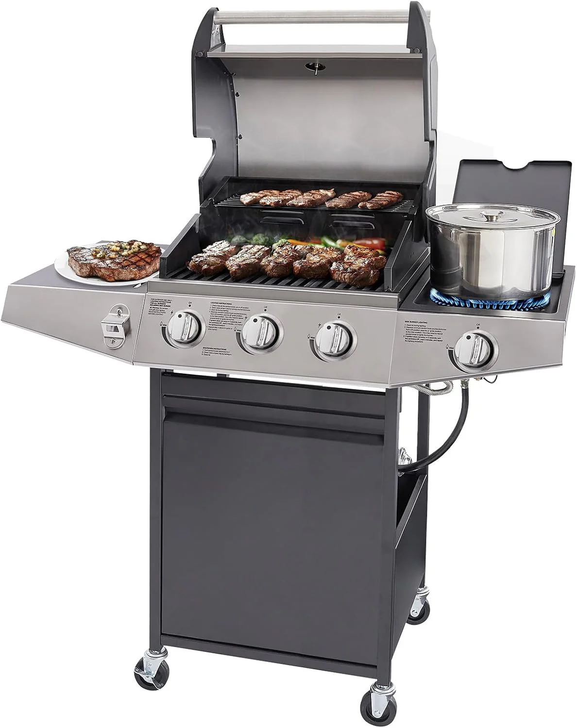 Barbecue à gaz propane Unovivy à 4 brûleurs avec brûleur latéral, barbecue portable avec bac à huile