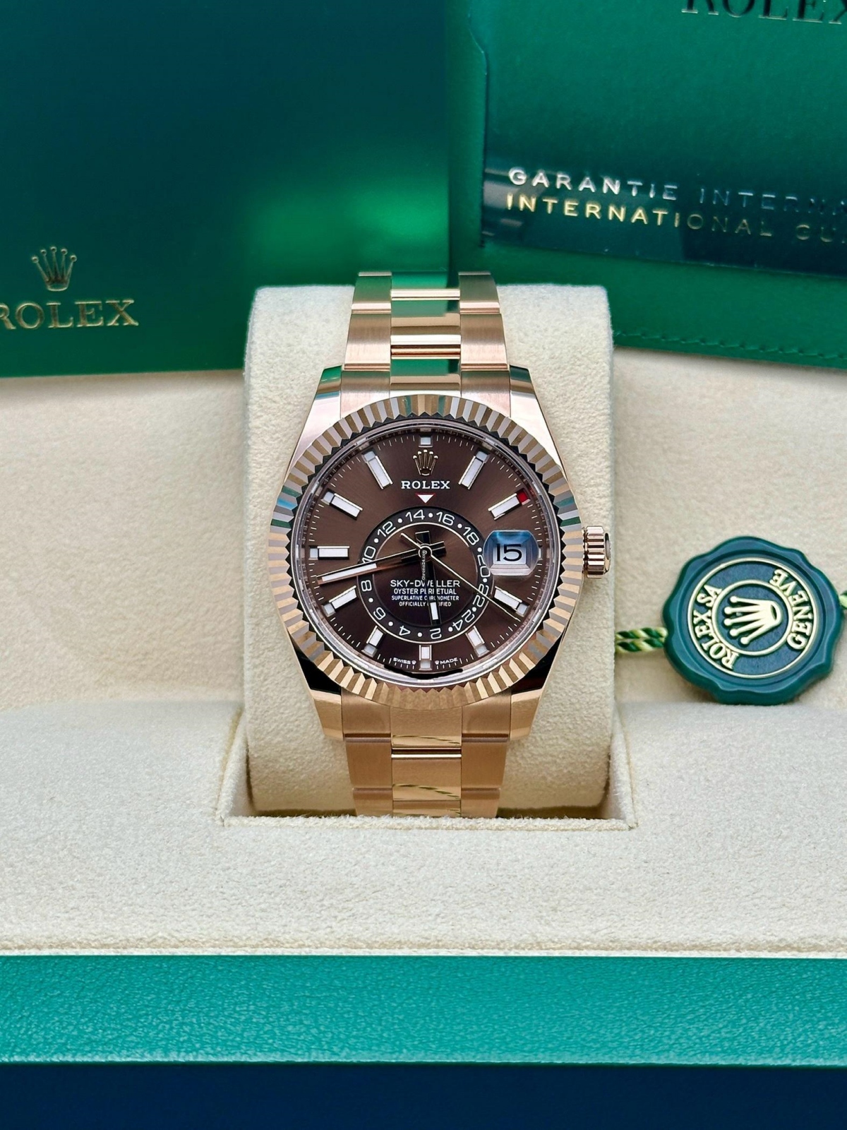 [Super Clone]RLX  Sky-Dweller 42mm Rose Gold Chocolate Dial Oyster - 336935