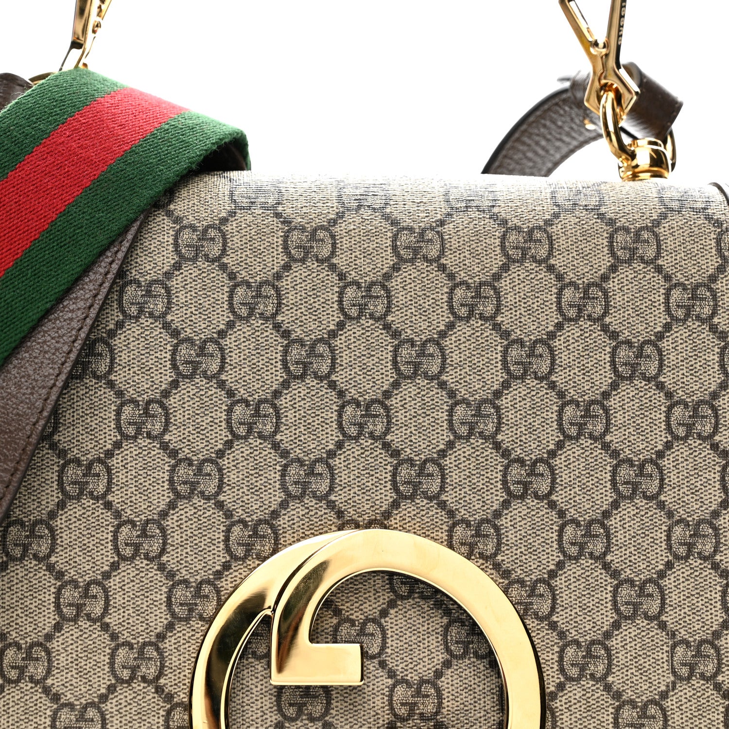 GG Supreme Monogram Textured Dollar Calfskin Web Medium Blondie Top Handle Shoulder Flap Bag Beige Ebony New Acero