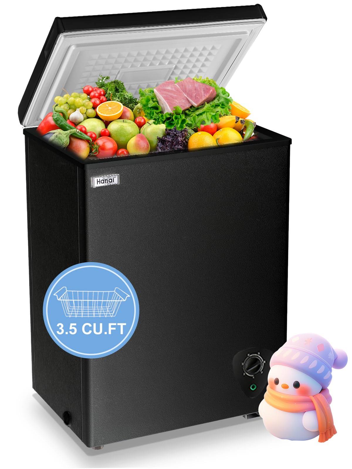 Wanai Chest Freezer Small Freezer Black Deep Freezers 3.5 CU.FT Compact Freezer Free-Standing Top Door Freezer Adjustable 7 Thermostat and Removable