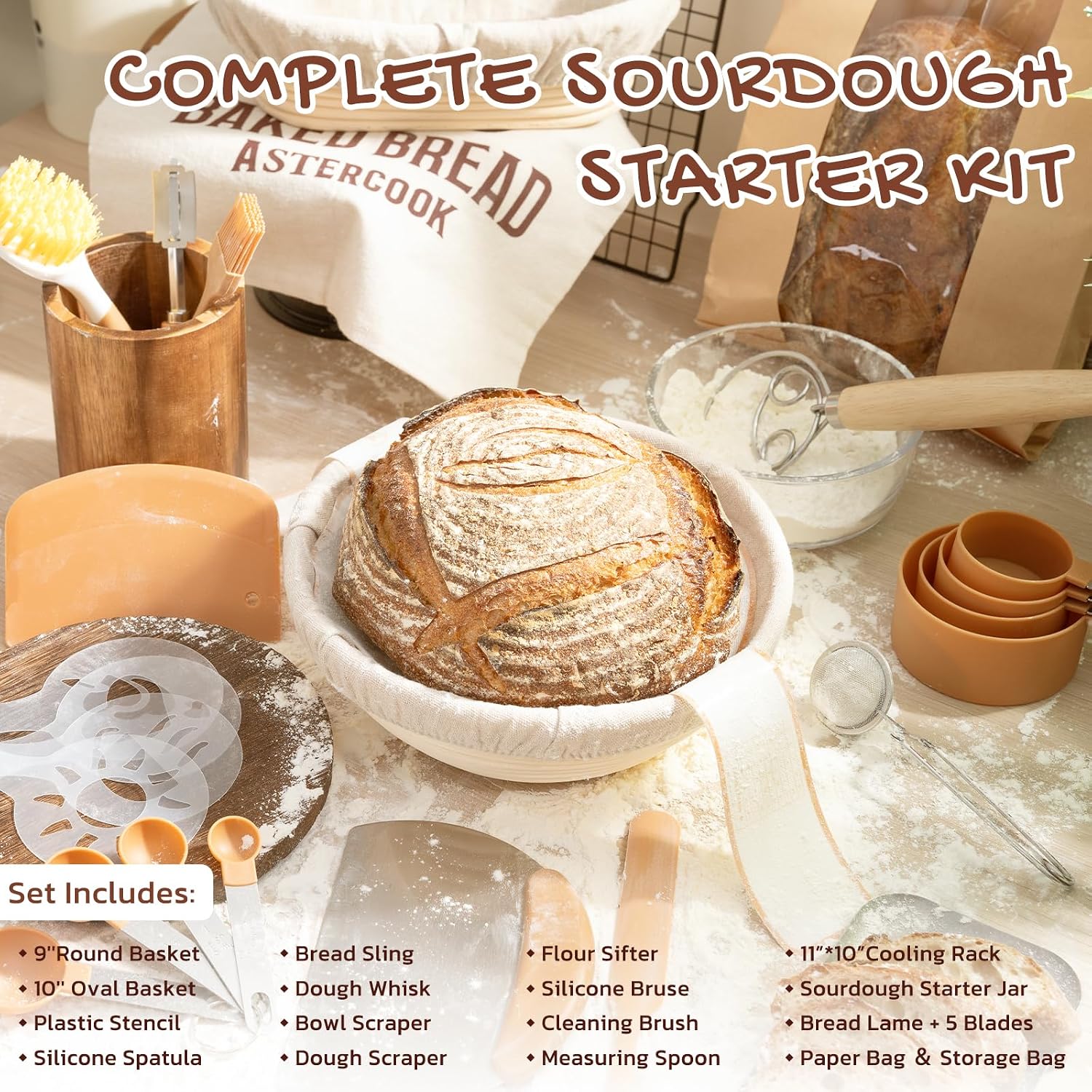 Astercook Sourdough Starter Kit with Round & Oval Banneton Bread Proofing Basket, Starter Jar, Dough Whisk, Scrapers, Stencils, Complete Sourdough Bread Baking Supplies, Father's Day Gift for Men