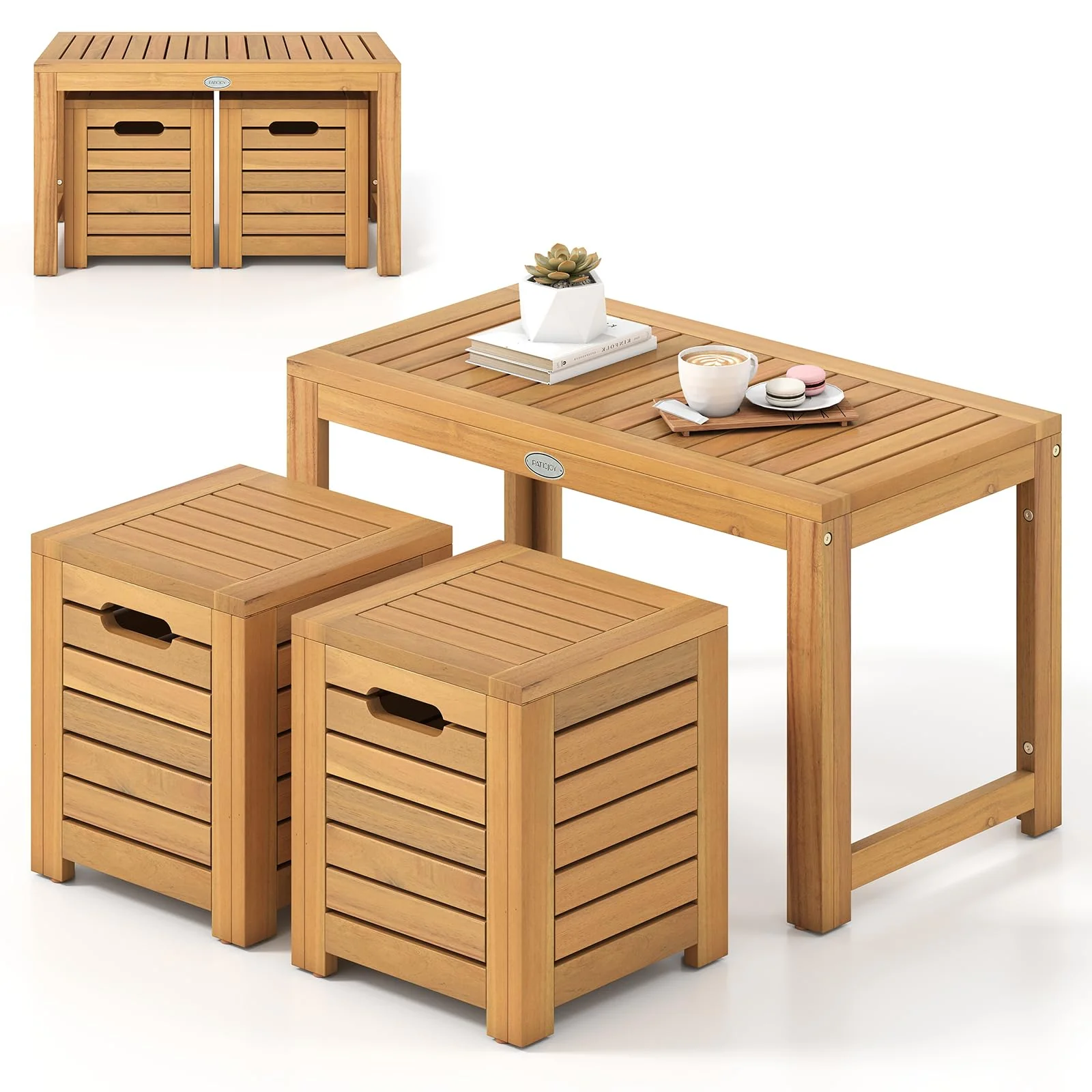 Tangkula Acacia Wood Outdoor Coffee Table with Stools Set of 2