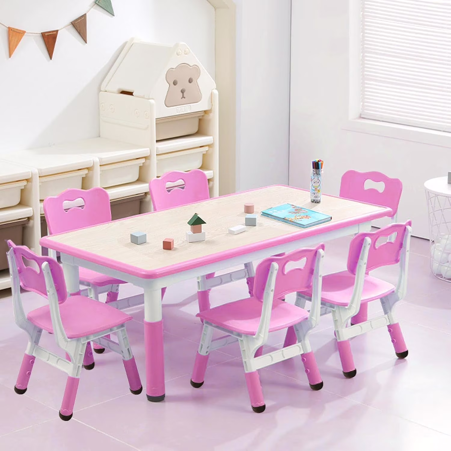 Kids Table and Chairs,Height Adjustable Toddler Table and 6 Chair,Multi-Activity Table with Graffiti Desktop Non-Slip Legs for Ages 2-10,Children Activity Table for Daycare,Classroom,Blue(Blue) - Image 7