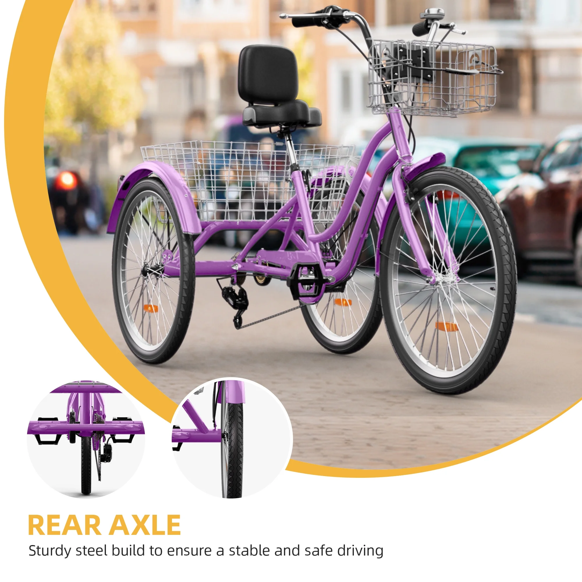 24 Inch 3-Wheel Bike, Single Speed Adult Trike, Low Step-Through Cruiser with Front Rear Baskets, Large Adjustable Seat with Backrest for Seniors, Men, and Women (Purple)(24"1 Speed/Purple) - Image 9