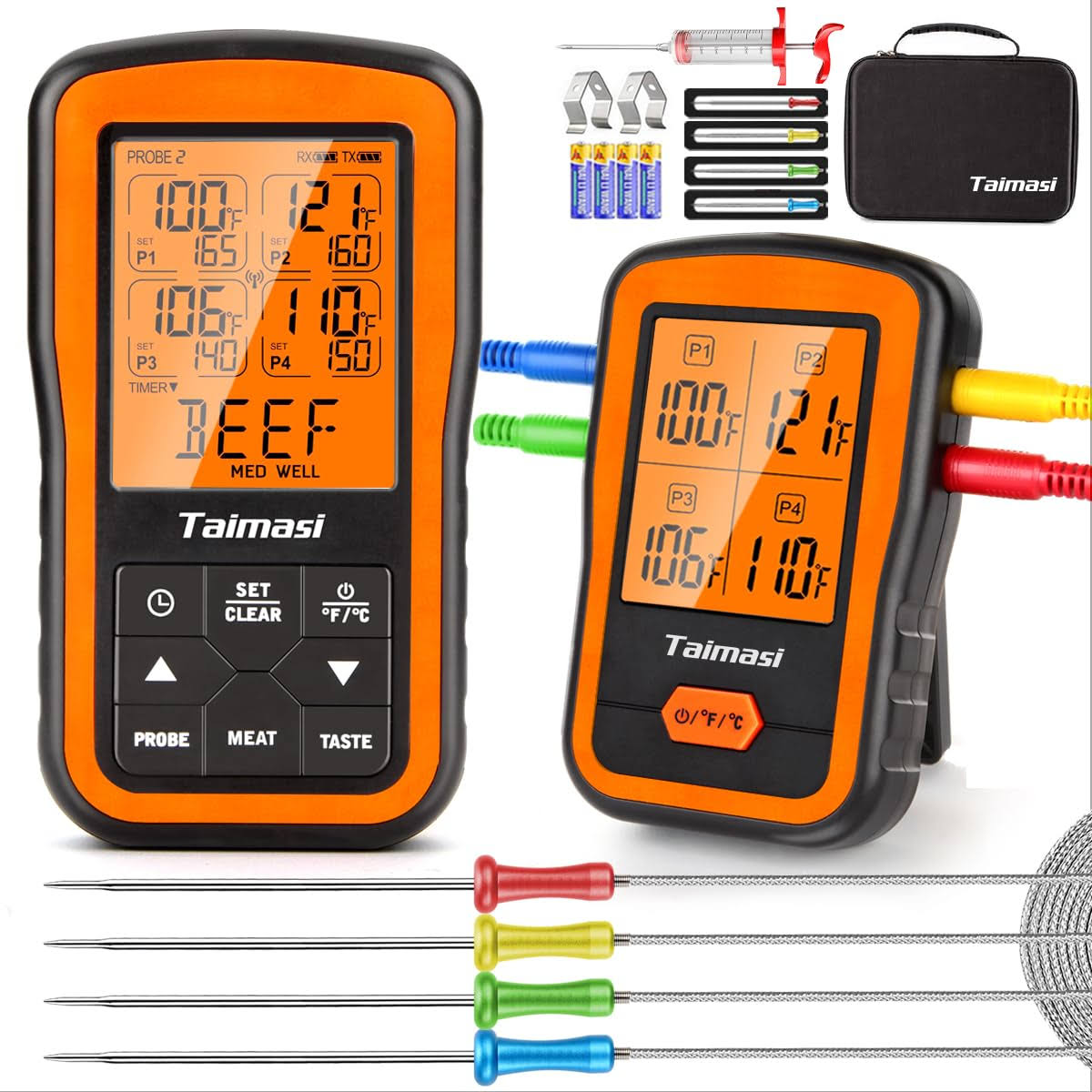 TAIMASI Wireless Digital Meat Thermometer with 4 Probes & Meat Injector, Upgraded 500ft Remote Range Cooking Food Thermometer for Grilli