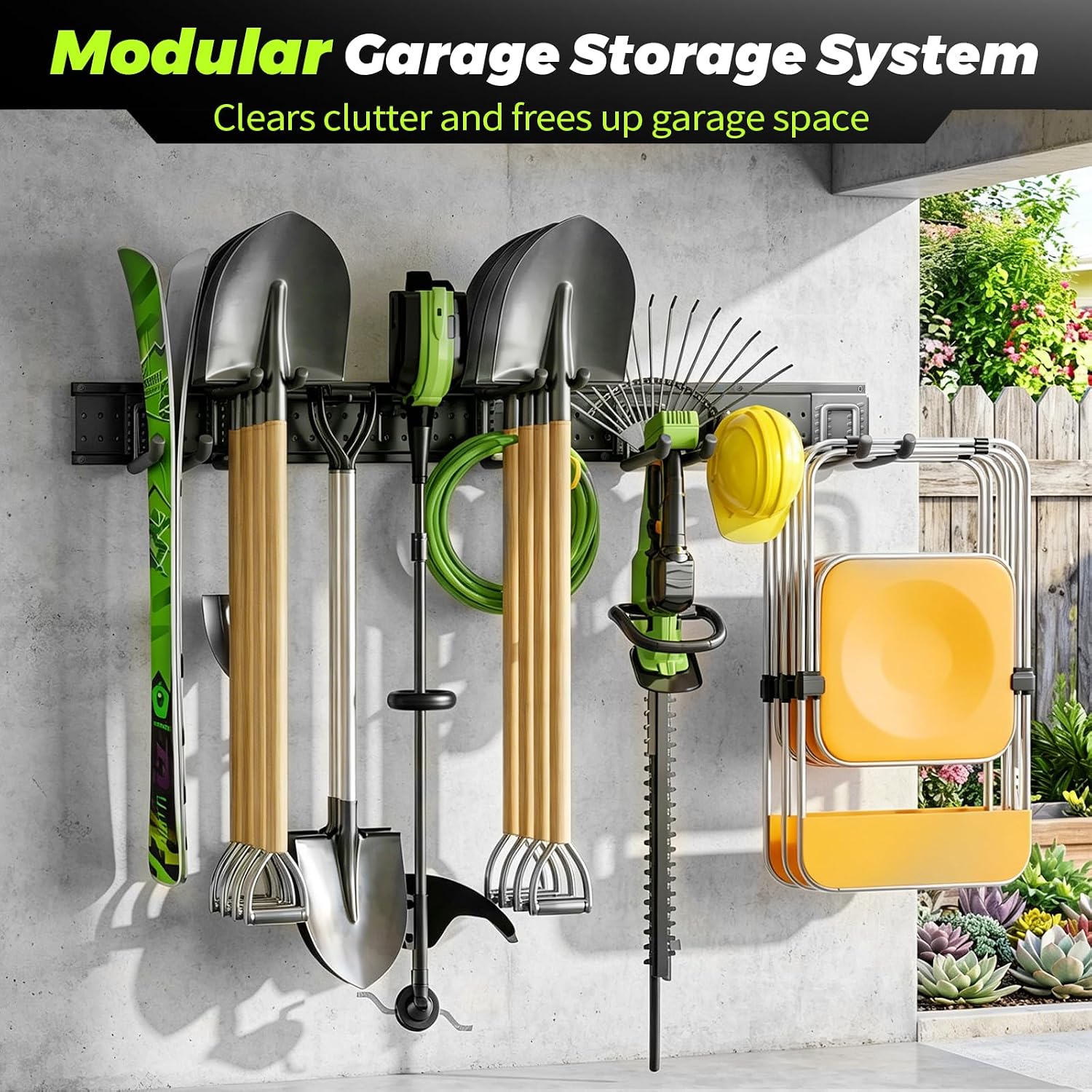 Garage Tool Organizer Wall Mount, 49.5 Inch Heavy Duty Garage Organization System with 10 Adjustable Hooks, Garden Tool Storage Rack for Garage, Yard & Shed, Holds Up to 400 lbs
