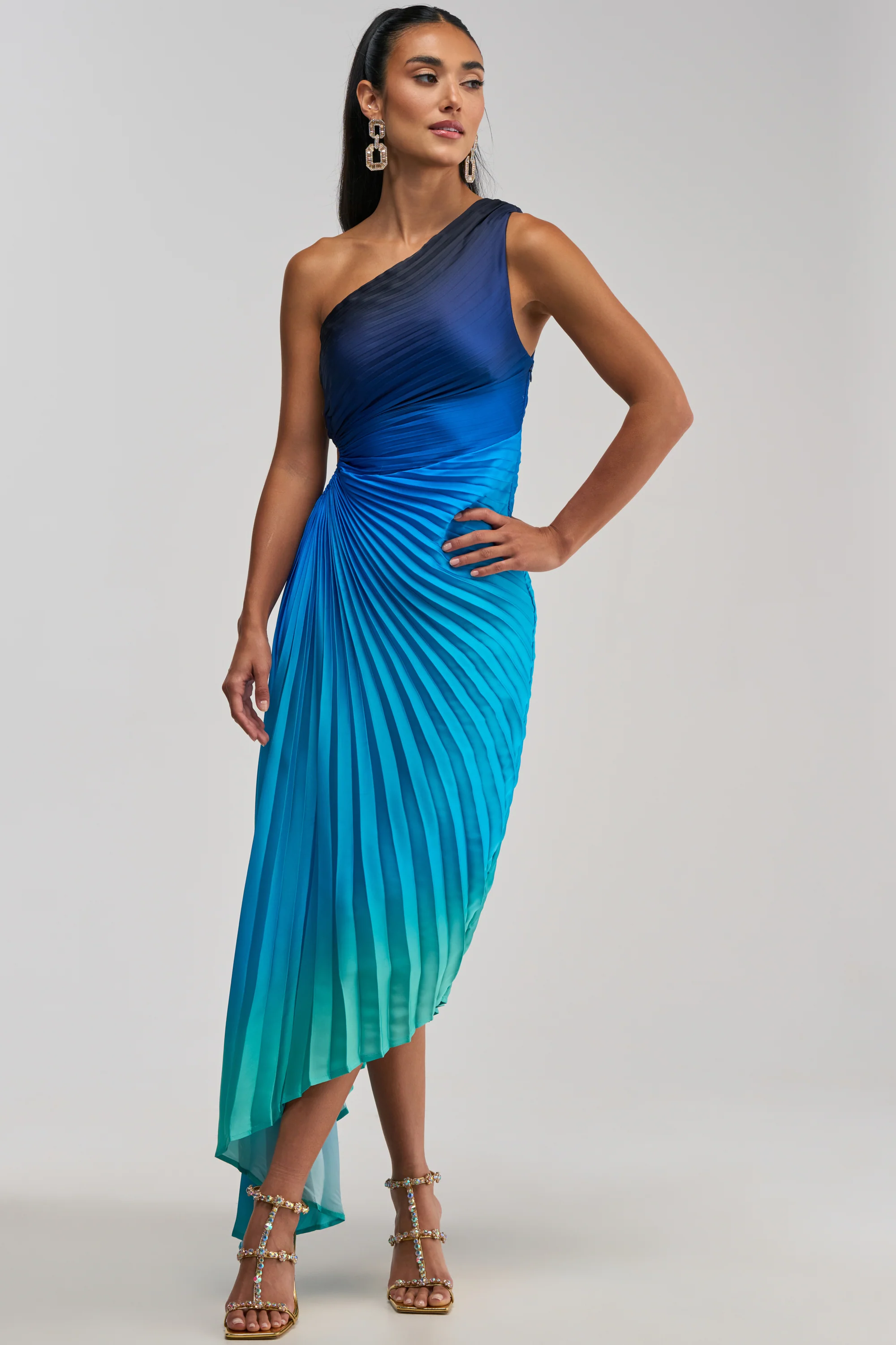 WILD CARD ONE SHOULDER OMBRE MIDI DRESS IN BLUE - Akira Store