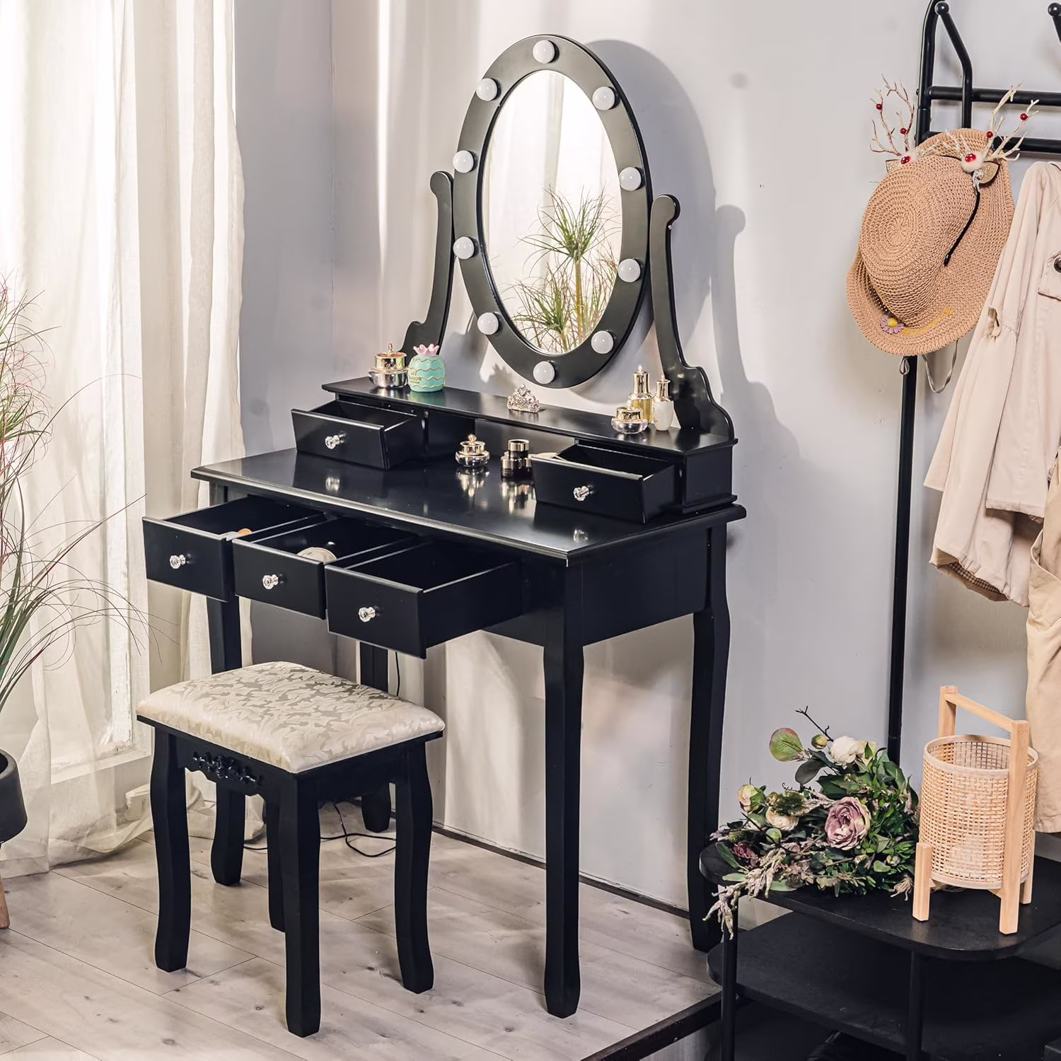 TROPOW Vanity Desk, Makeup Vanity, with Mirror and Lights, Vanity Desk with Mirror and Lights, Wood Makeup Dressing Table Stool with & Oval Mirror 3 Colors Lighting Modes Modern, Black