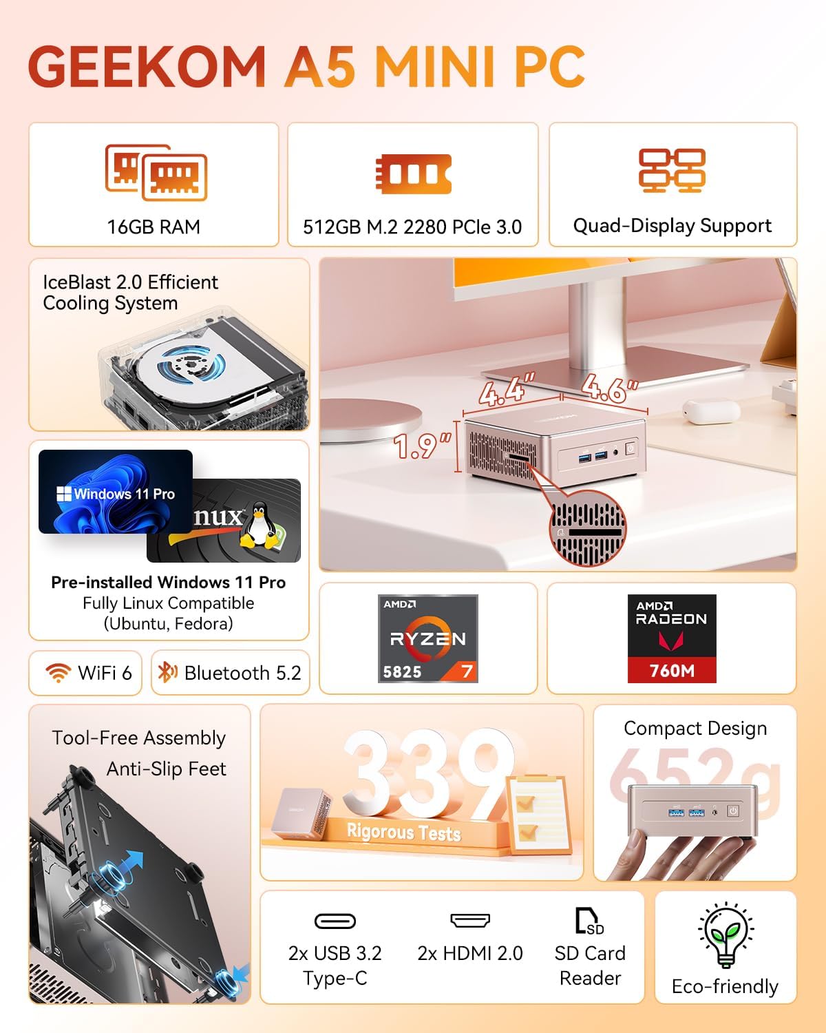 GEEKOM A5 Mini PC 2026 with AMD Ryzen 7 5825U  16GB DDR4(Not LPDDR)  512GB NVMe SSD  2.5